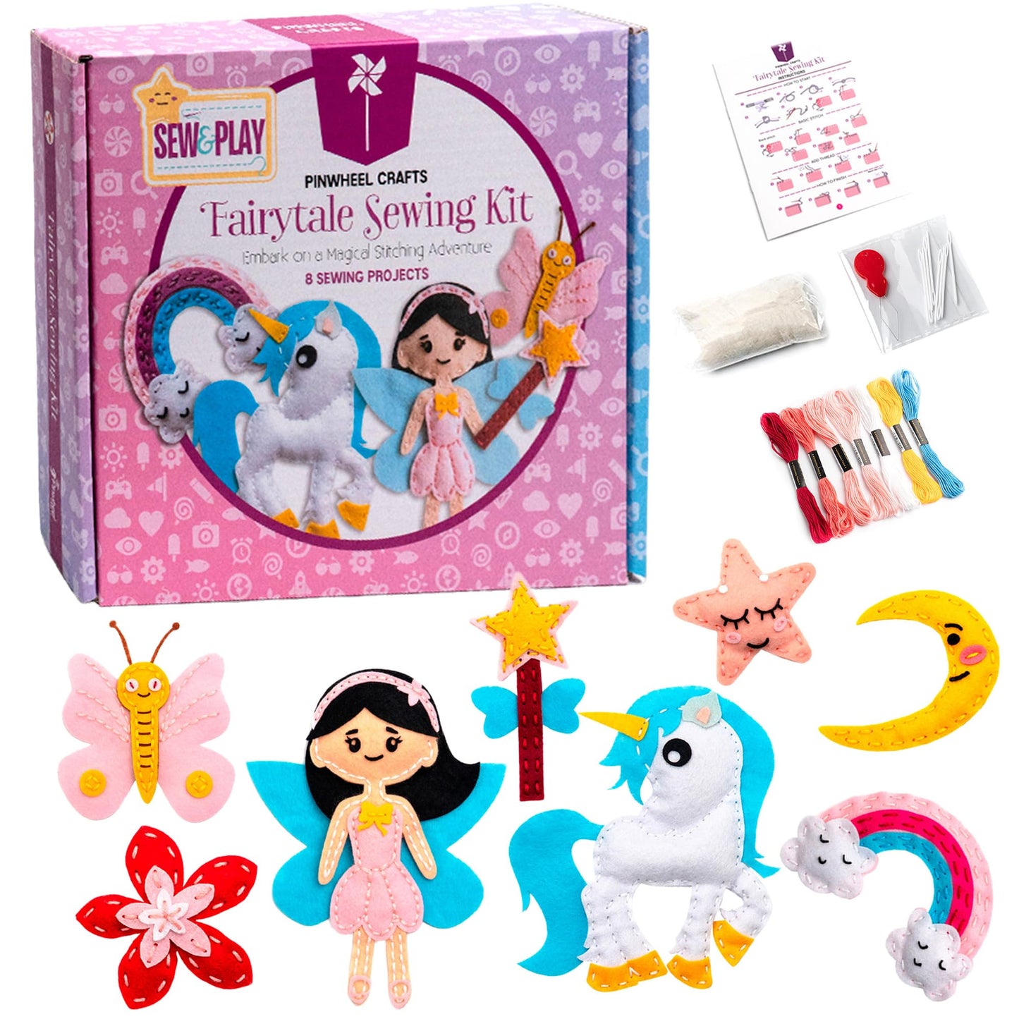 Pinwheel Crafts Beginner Sewing Kit for Kids Ages 5 6 7 8-12+ - Make Your Own Fairytale Characters Kids Sewing Kit - Play & Learn to Sew Craft Box, Girls & Boys Birthday Gifts