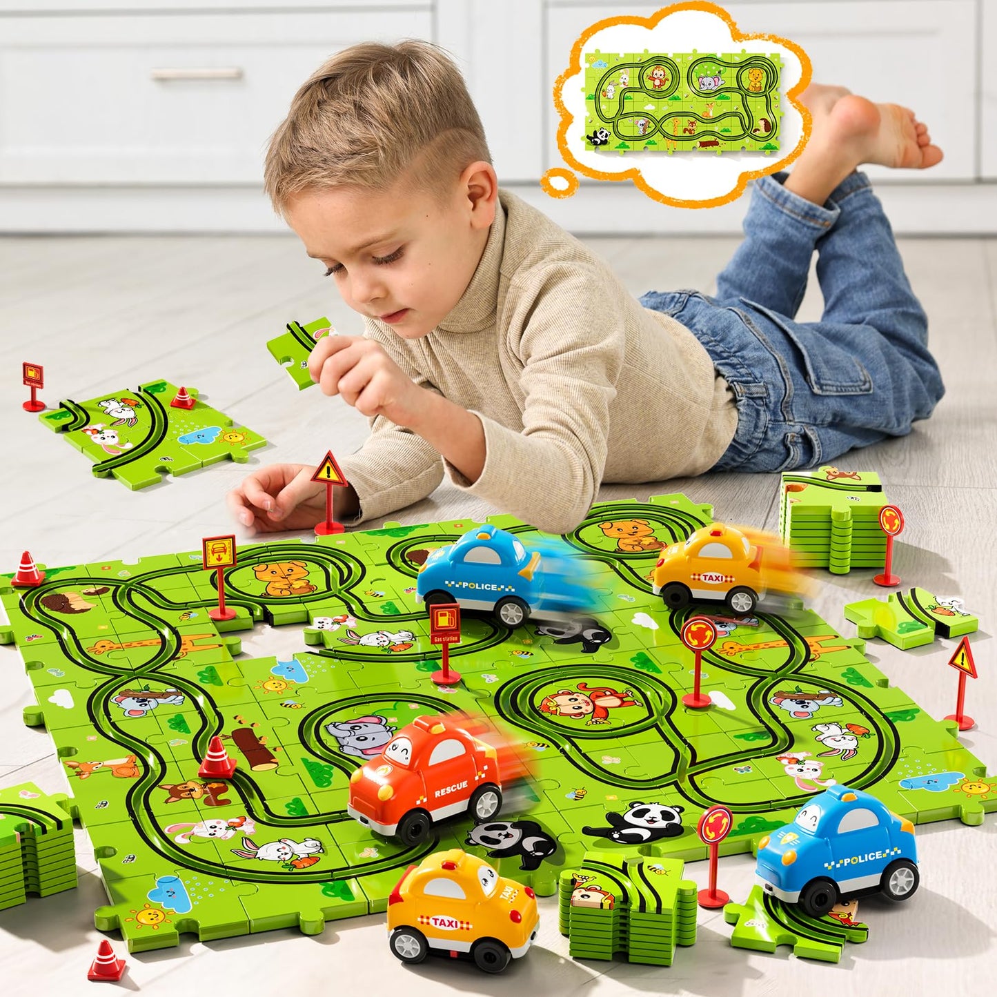 Beby Buty 64PCS Puzzle Race Track Car Set for Kids Boys, Floor Puzzle Tracks Car Toys for Boys Girls Ages 3-5 4-6, Toddler Toys Gifts for 3 4 5 Year Old, Ideal 3 4 5 6 Year Old Birthday Gifts