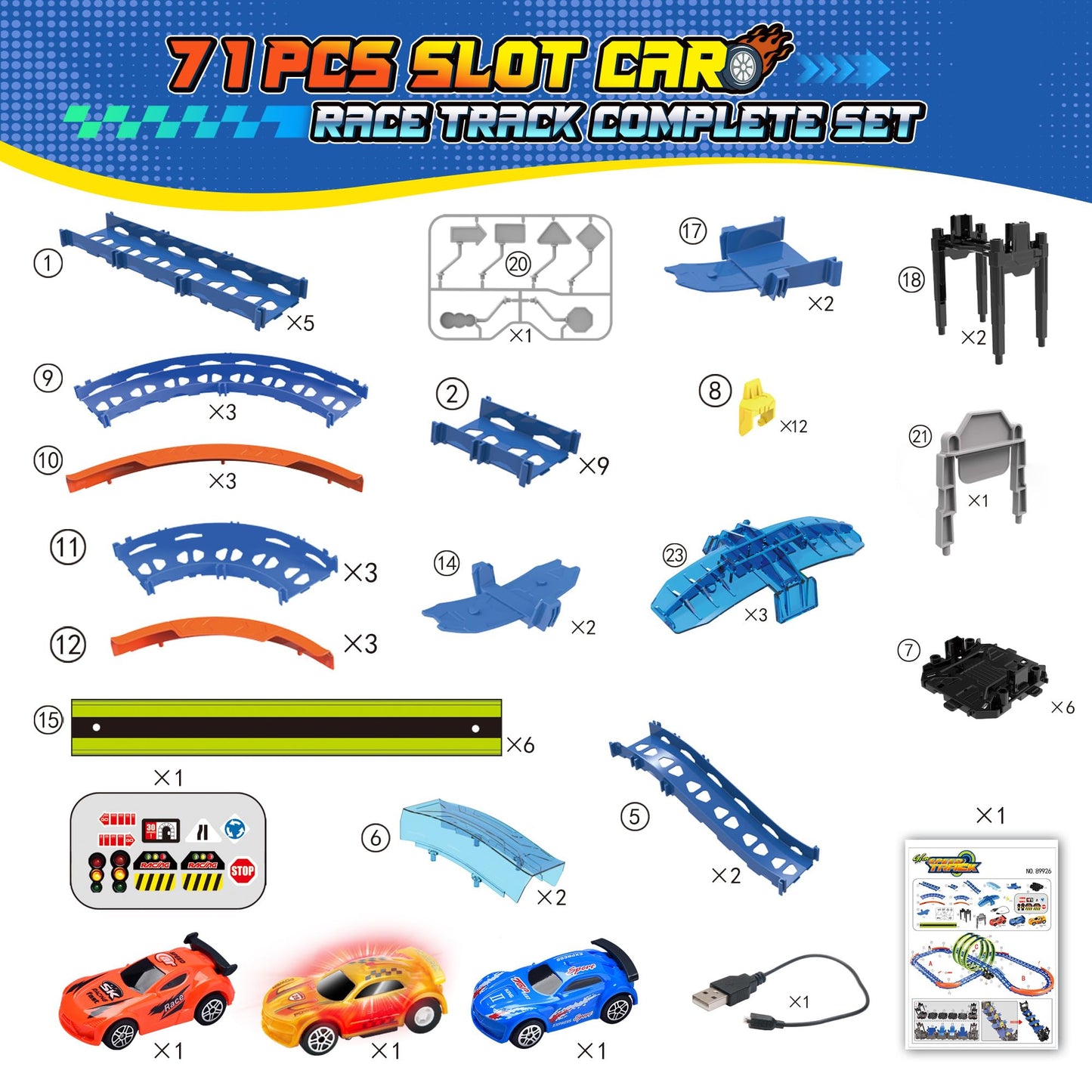Glow Slot Car Race Track Set, 71 Pcs Glow-in-The-Dark Track Toy for Kids Ages 3-8, Electric Speed Car Light-Up Whole Tracks, 360° Magic Triple Loops, 1:64 Scale Pull-Back Cars, Toy Gift for Boys Girls