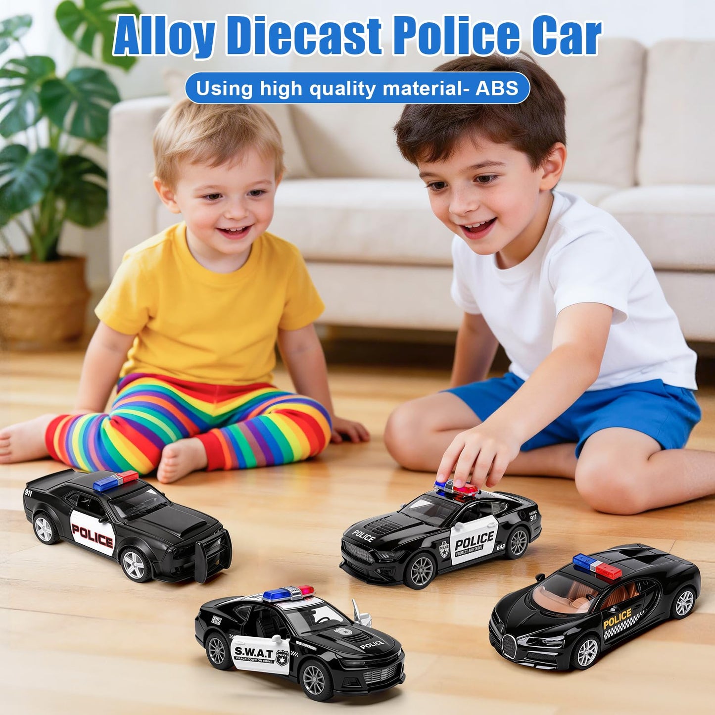 1/36 Metal Diecast Police Car Toy Set,4 Pack Police Pull Back Toy Cars with 3 Opening Doors & 1 Hood Model Boys Cars Toy for Kids Ages 3 4 5 6 7 8 9 10 11 12 Years Old