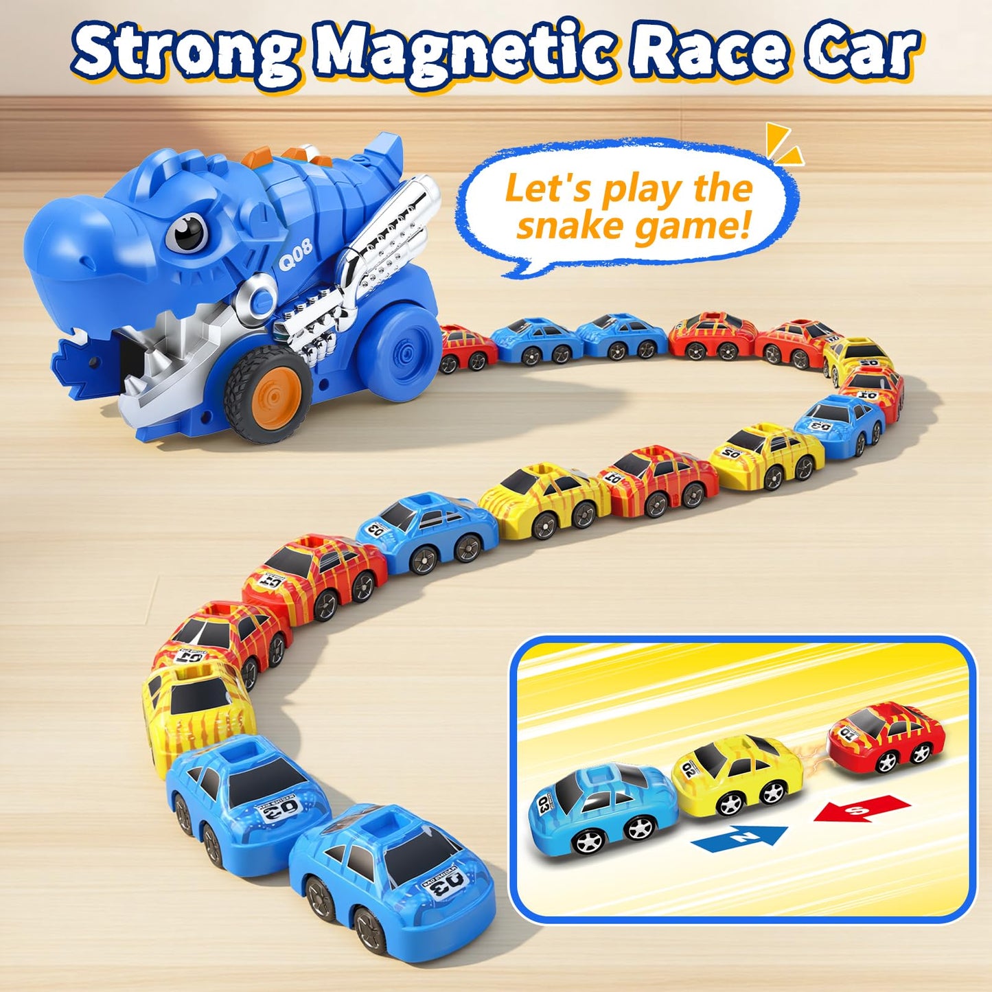 Intoypad Dinosaur Remote Control Car Toys for Kids, 2.4GHz RC Dino Eating Car Toy with 6 Magnetic Cars & Music Dino Truck Birthday Gifts Toys for 3 4 5 6 7 8 9 10 11 12 Year Old Boys Girls (Blue)