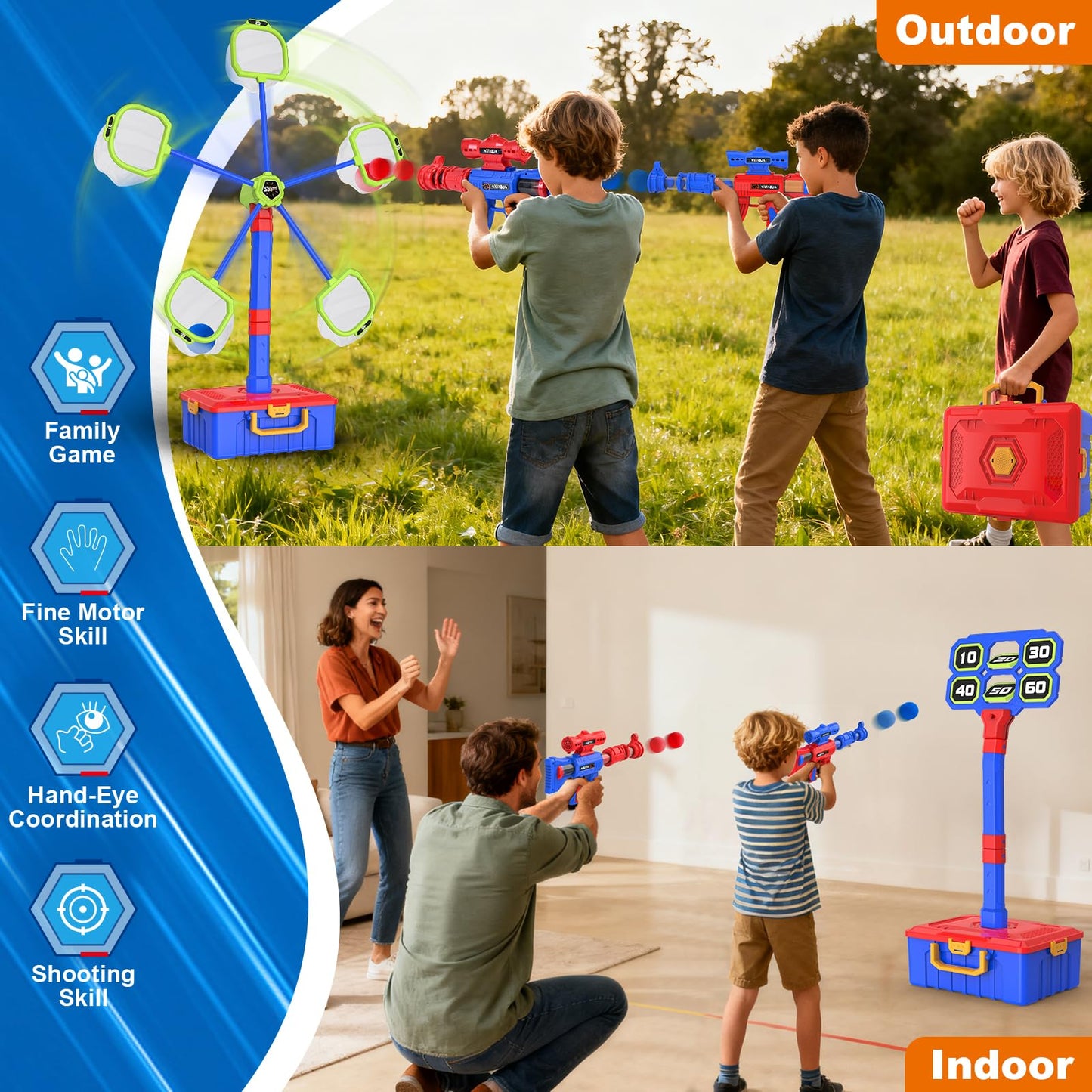 2 IN 1 Shooting Game Toys For 5 6 7 8 Year Old Kids, Moving Standing Shooting Target & 2 PCS Foam Ball Popper Air Toy Guns, 24 Foam Balls, 2 Player Boy Toys For Boy Kids, Gifts for Boys and Girls