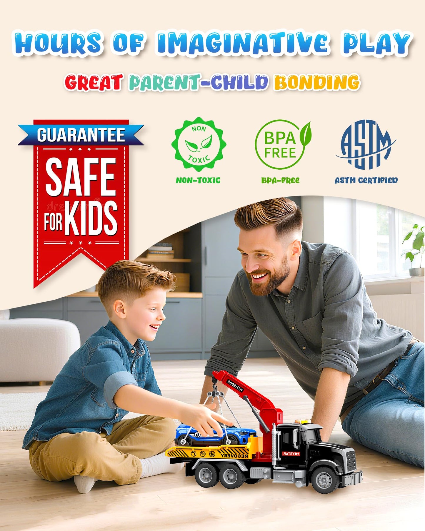 Noaln Kids Toys for 3 4 5 6 7 Years Old Boys, 15" Large Tow Truck Toy, Friction Powered Transport Toy Trucks with Lights and Sounds, Birthday Gifts for Boys & Girls with Racing Car