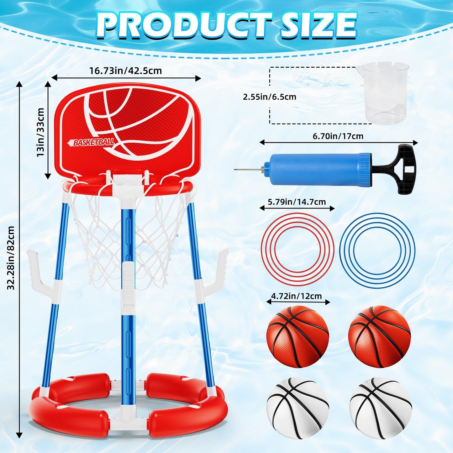 Pool Basketball Hoop with Backboard, Floating Pool Toys for 3-12 Years Old Kids Ring Game with 4 Balls 8 Rings & Pump Outdoor Swimming Pool Basketball Games Water Play Toy Family Party for Kids Adults