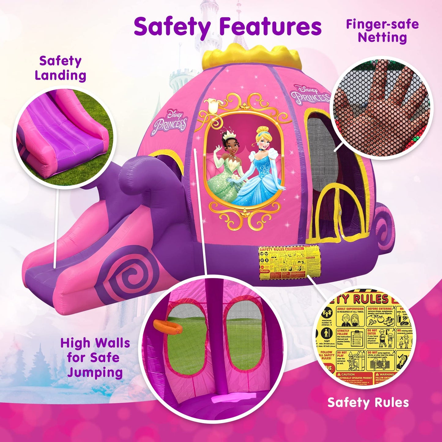 Funormous Disney Princess Carriage Inflatable Pink Bounce House with Slide and Ball Pit, Indoor Outdoor Bouncy Castle with Air Blower Kids Ages 3-8