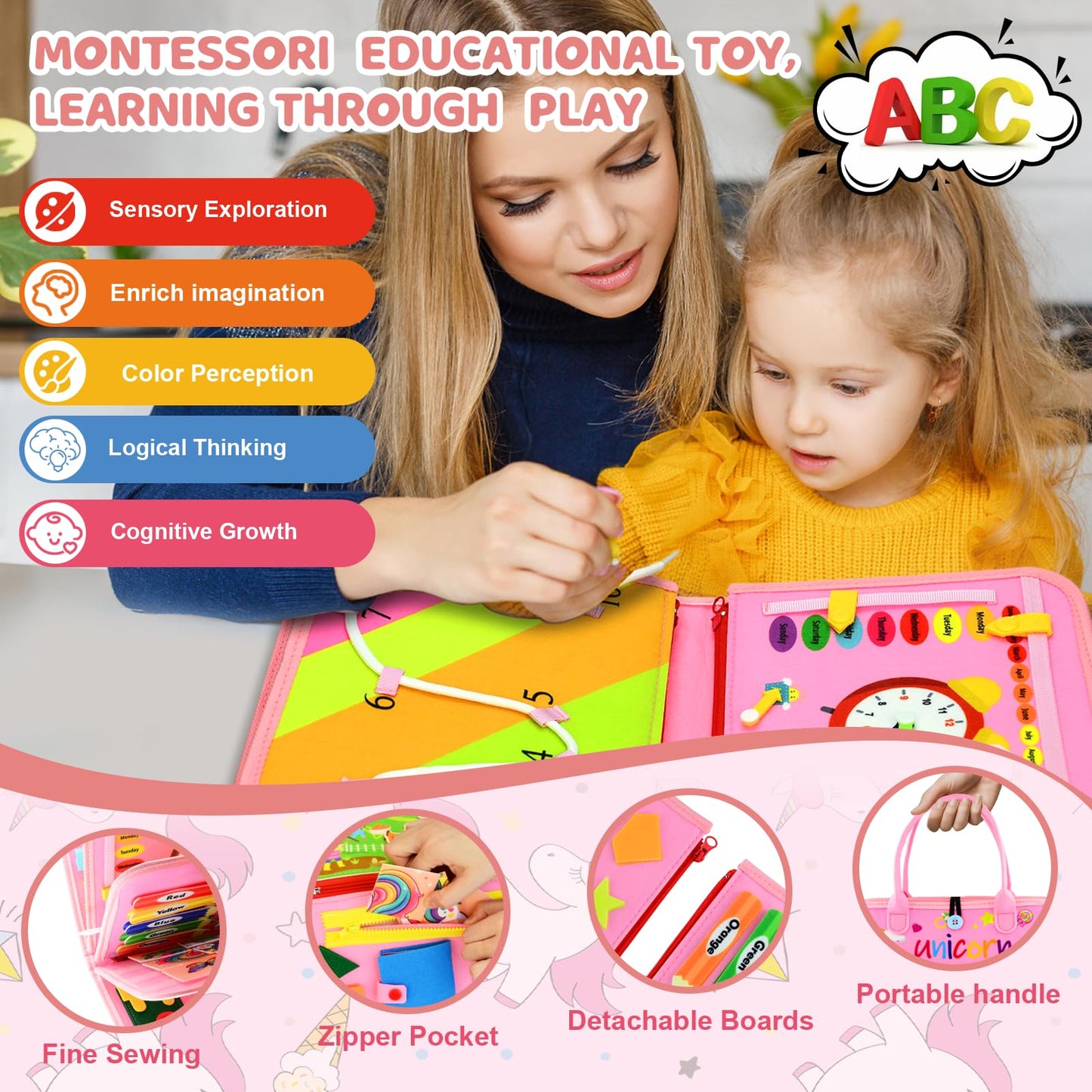 Toddler Busy Board Montessori Toys for Toddler 1-3 Year Old, Girl Birthday Gift, Preschool Educational Montessori Busy Book Board, Felt Sensory Activity Board Sorting Toy Age 2-4 with Fine Motor Skill