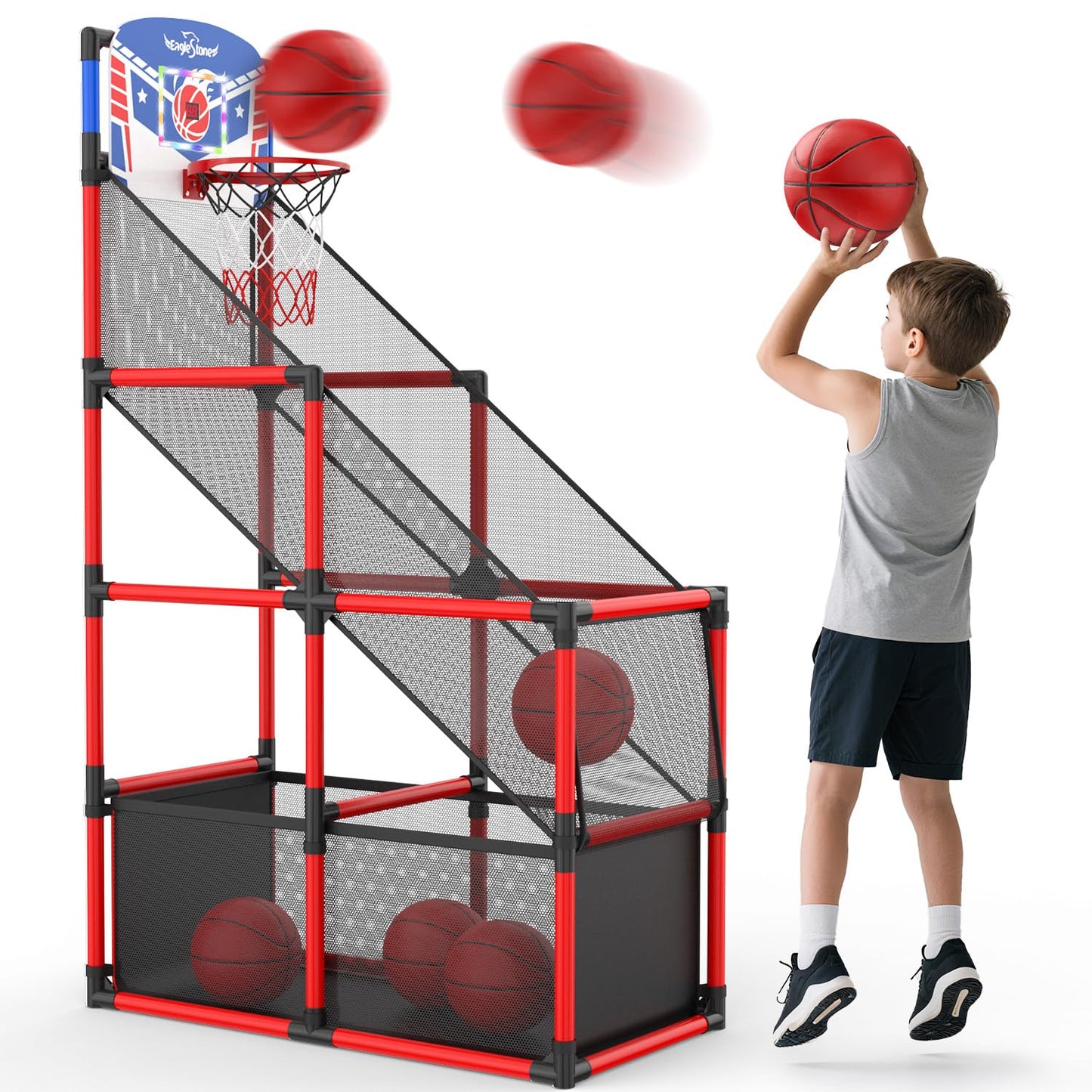 EagleStone Kids Adjustable Arcade Basketball Hoop with LED Lights & Scoreboard, 4 Balls Ball Storage Net, Indoor Outdoor Carnival Basketball Game Set for Boys & Girls Ages 3-12, Pump Included