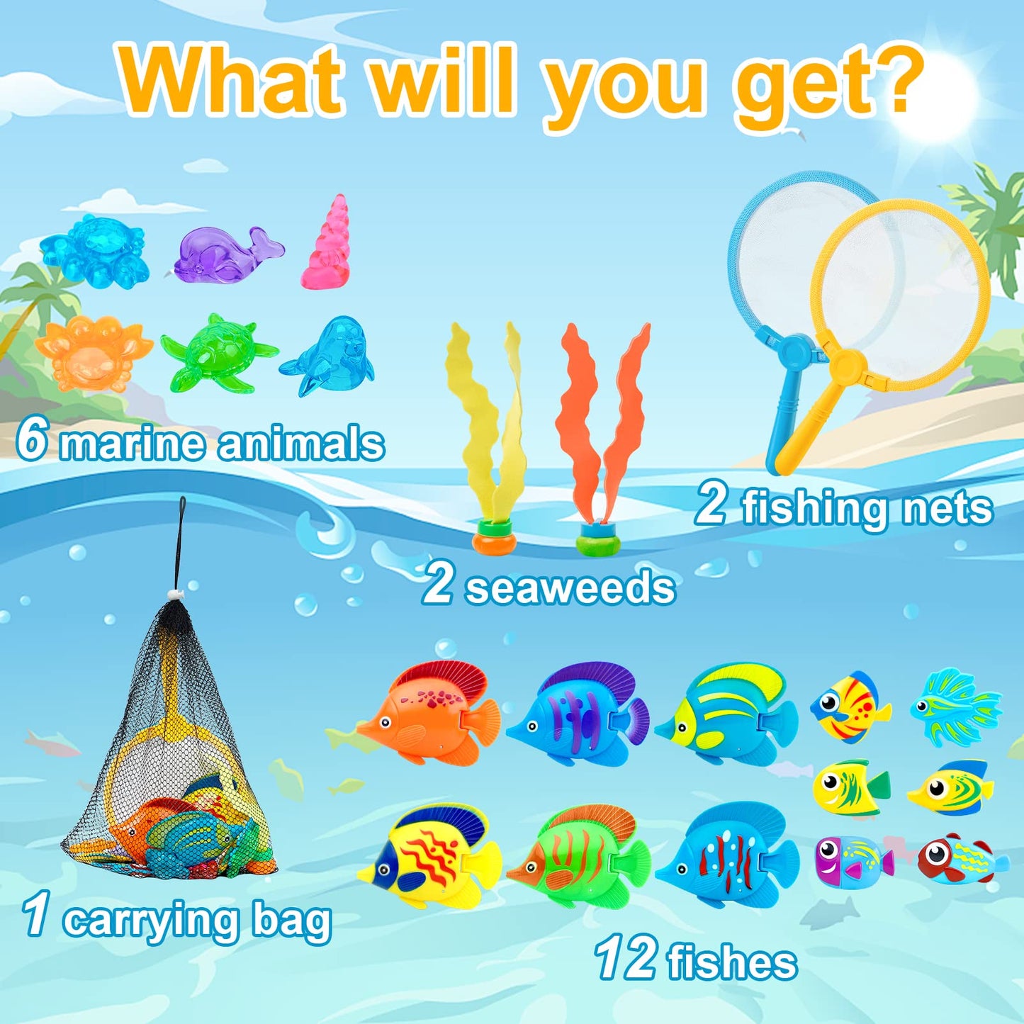 Korlon Tec 23 Pcs Pool Toys for Kids, Bath Toys Dive and Grab Fishing Game Set, Diving Toys for Summer Pool Swimming Bath Time