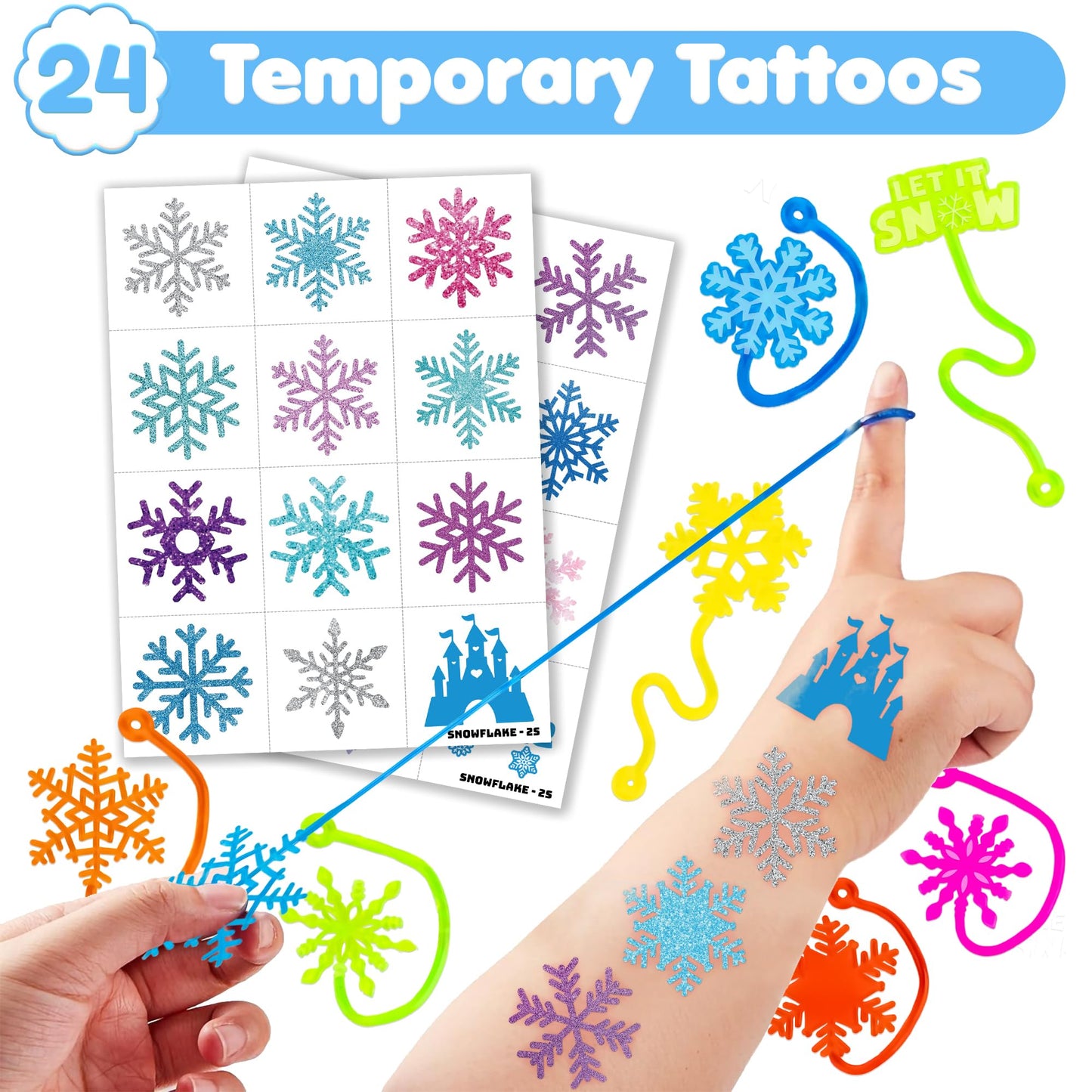48PCS Snowflake Party Favors - 24PCS Temporary Tattoos & 24PCS Stick Hands Party Favors - Perfect Birthday Favors, Goodie Bag Stuffers, Treasure Box Toys, Classroom Prizes, and Student Gifts
