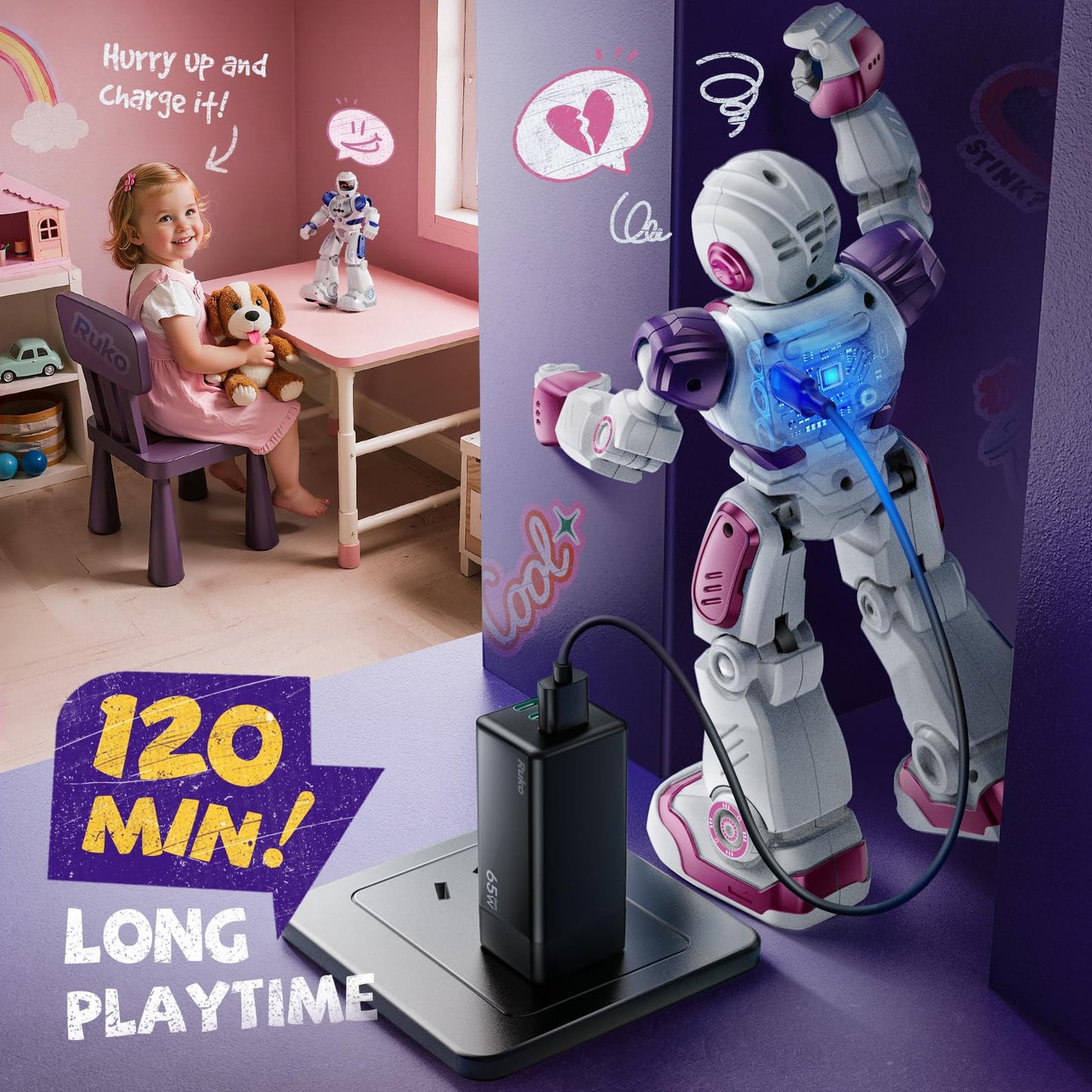 Ruko 6088 RC Robot Toys for Kids, Smart Gesture Sensing Interactive, Singing Dancing Rechargeable Programmable, Gifts for Girls & Boys 3 4 5 6 Years Old, Pink