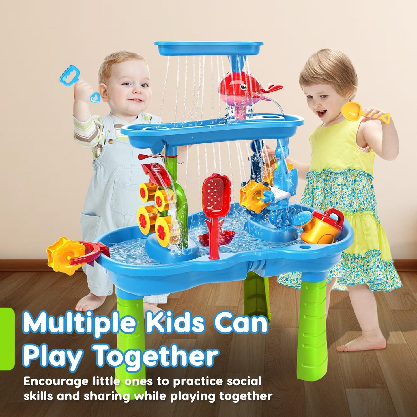 zefinot 3-Tier Water Table for Toddlers 1-3, Kids Water Play Table with Waterfall, Spinning Wheels and Splash Accessories for Outdoor Backyard Summer Fun
