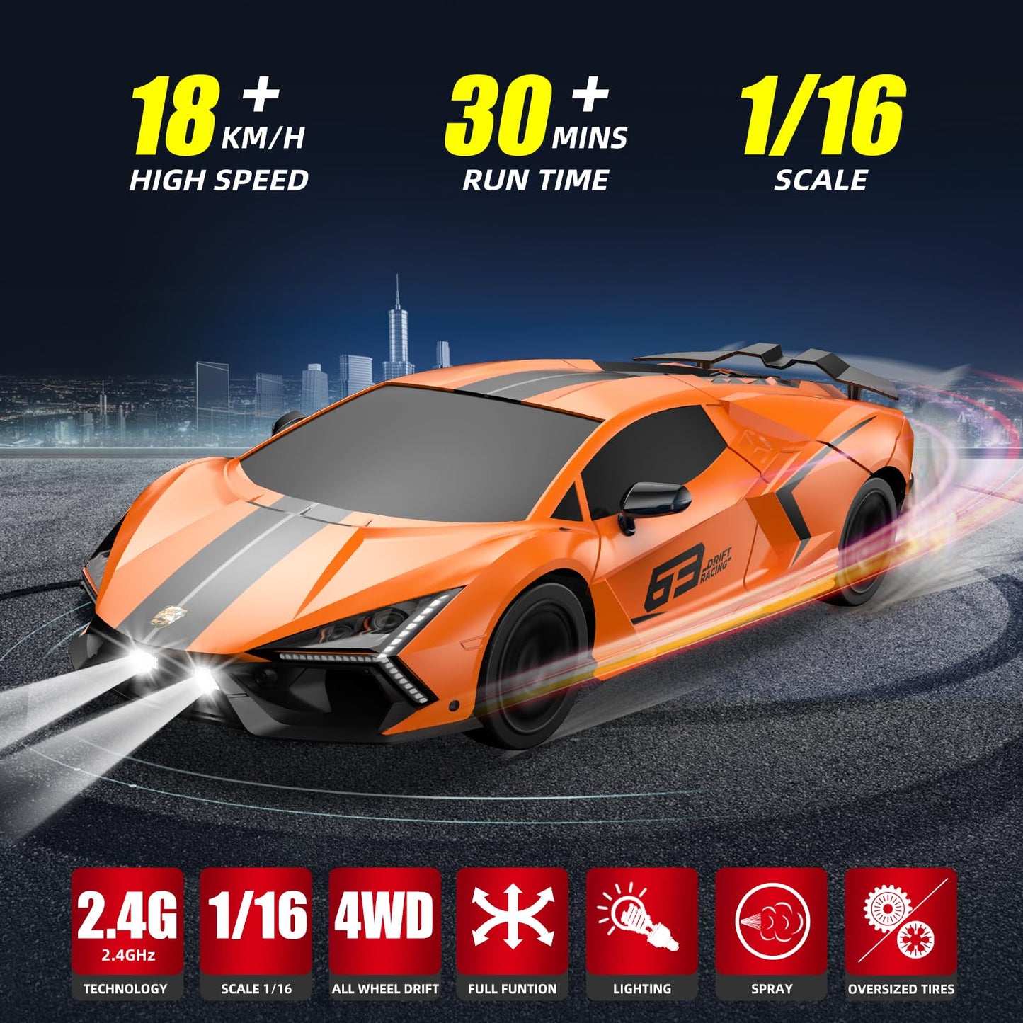 Sakeye RC Drift Car 2.4GHz, Drifting RC Cars 1/24 4WD Drift Car Fast Remote Control Vehicle with LED Lights Rechargeable Battery and Drifting Tires Racing Sport Toy Cars for Adults Boys Girls Kids