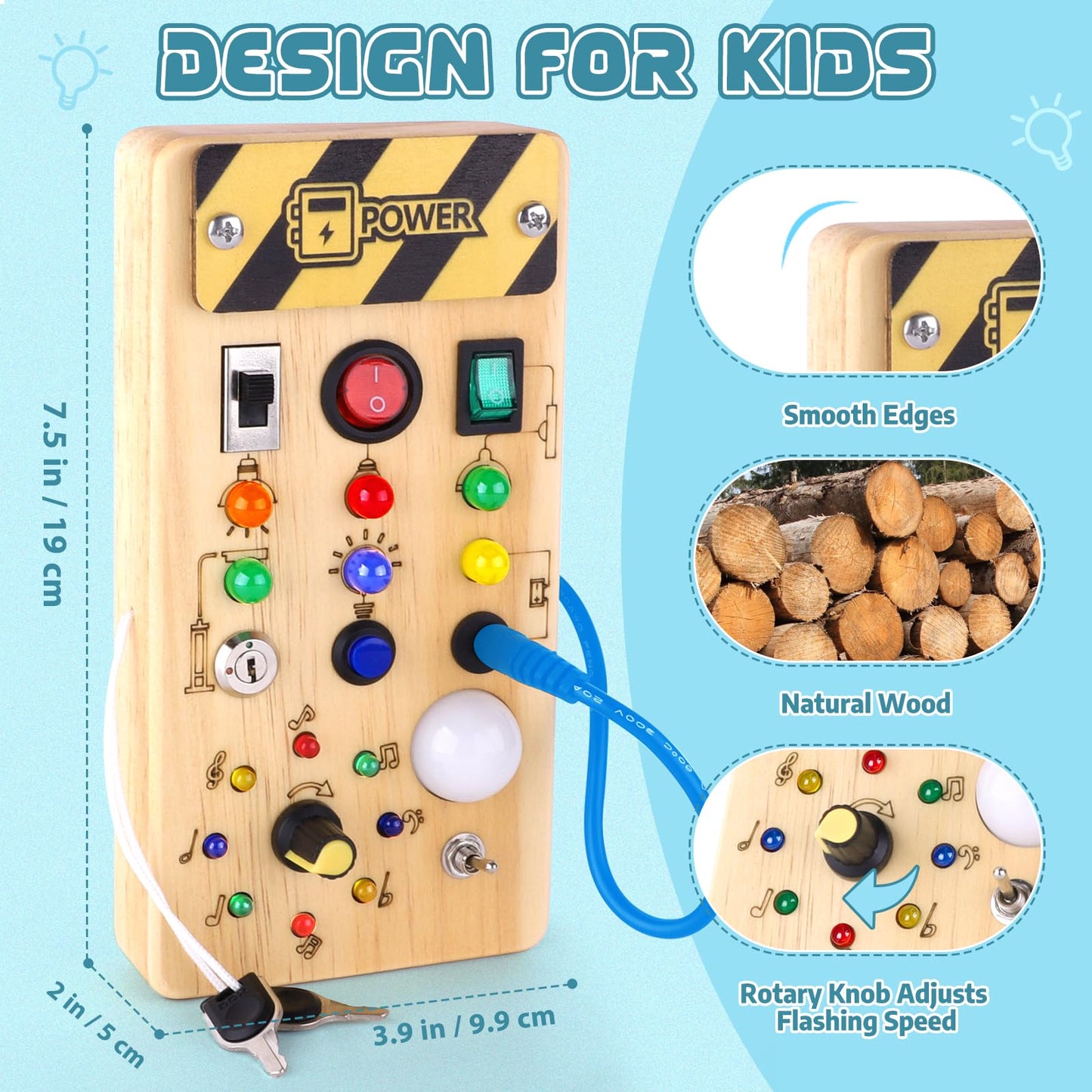 Konijiwa Busy Board Montessori Toys for 1 Year Old Kids Activity Board with 8 LED Light Switch Toy Sensory Learning Wooden Toy Suitable for 1 2 3 4 Year Old Boys and Girls