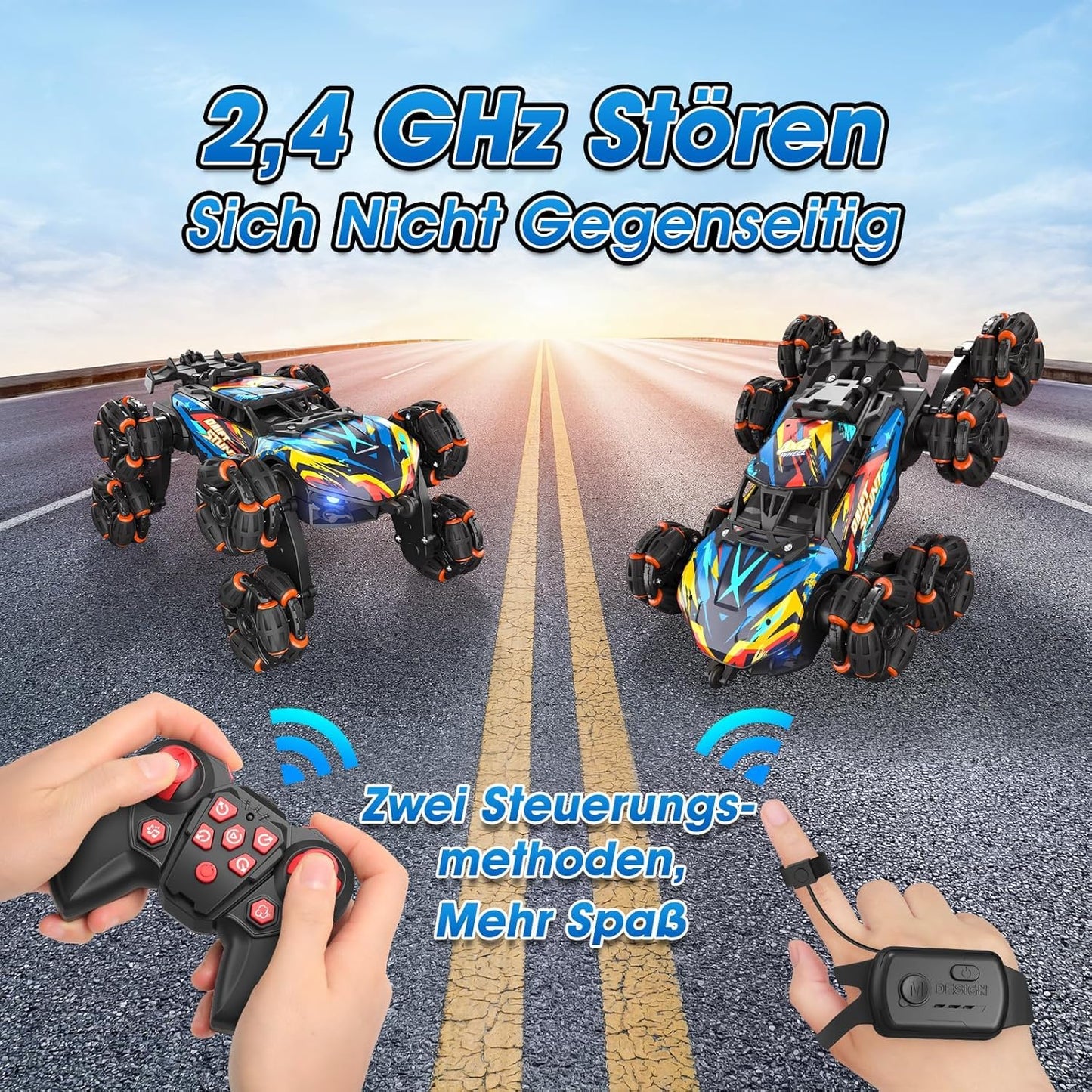 ADUSRIZ 8WD Gesture Sensing Road Stunt Car, Remote Control Cars with LED Light, Music and Spray, Drift RC Car Toys Gifts for 6-12 Years Old Boys Girls