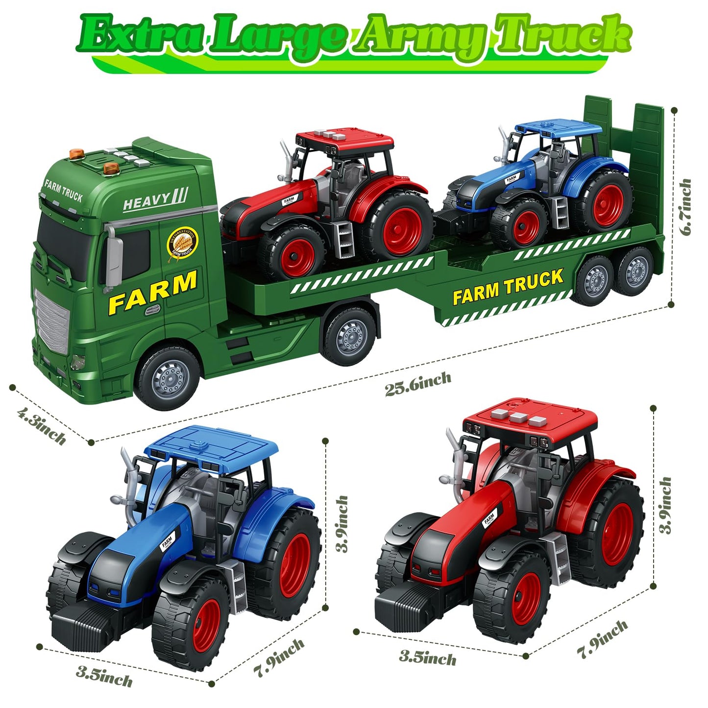 lonfypeng 3-in-1 Farm Truck Toys for Kids Ages 3-6 – 25.6 Inch Extra-Large Inertia Semi Trailer with Lights & Sounds, Detachable Tractor and Light & Sound Farm Vehicle