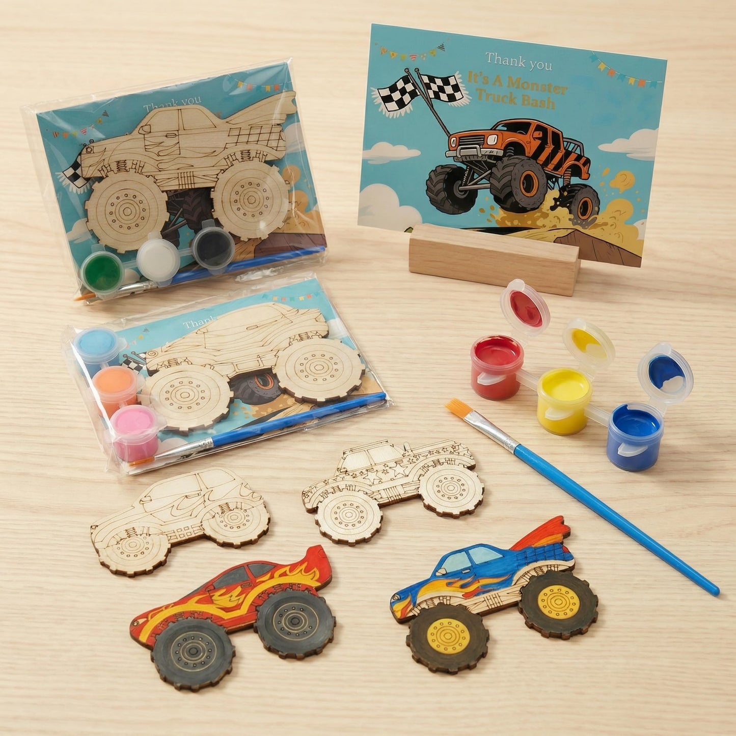 WORGO 24 PCS Monster Truck Party Favors, DIY Painting Kits with 6 Unique Wooden Trucks, Crafts for Kids Ages 4-8 Birthday Party Interactive Game and Goodie Bag Fillers