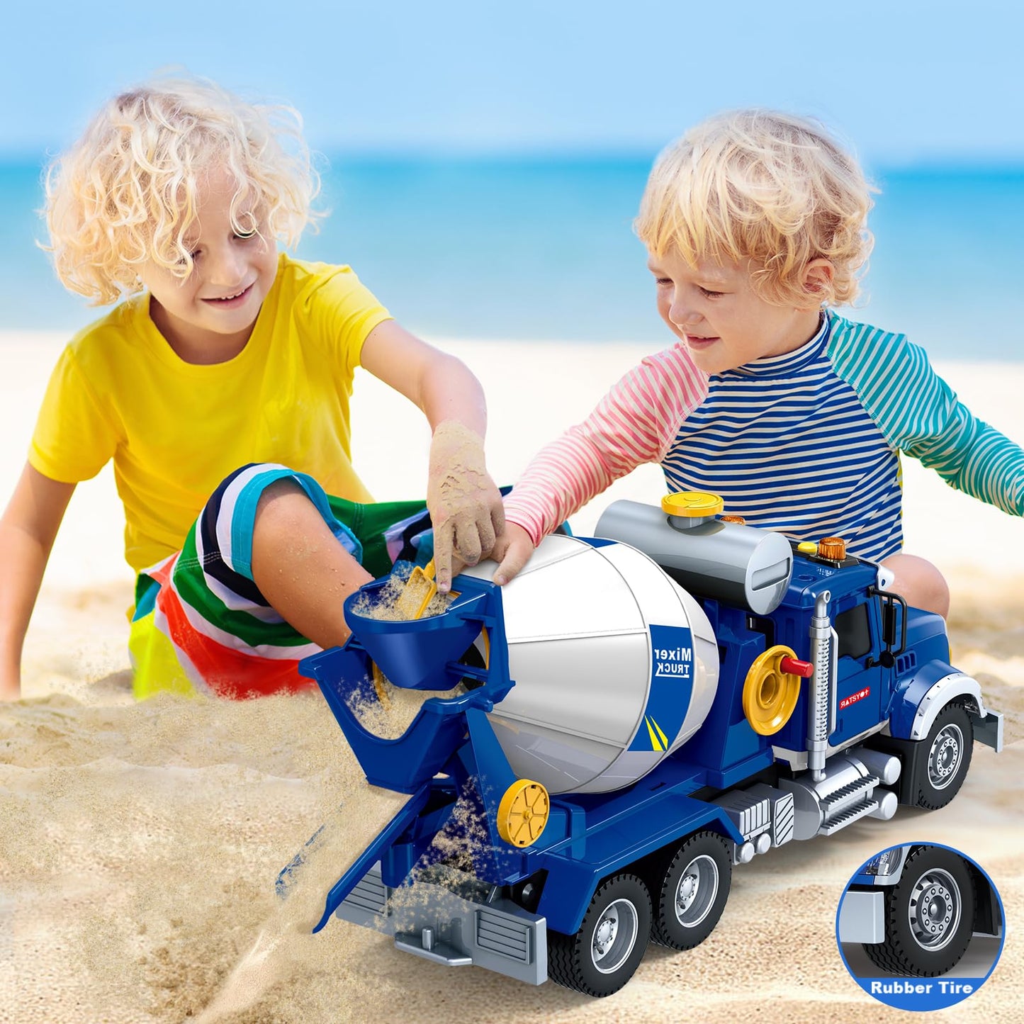 Bstoyder Kids Toys for 3 4 5 6 7 8 Years Old Boys, 15" Large Cement Mixer Truck Toy with Lights, Sounds, Blue Toddler Friction Powered Truck Vehicle Toy for Boys Girls Christmas Birthday Gifts