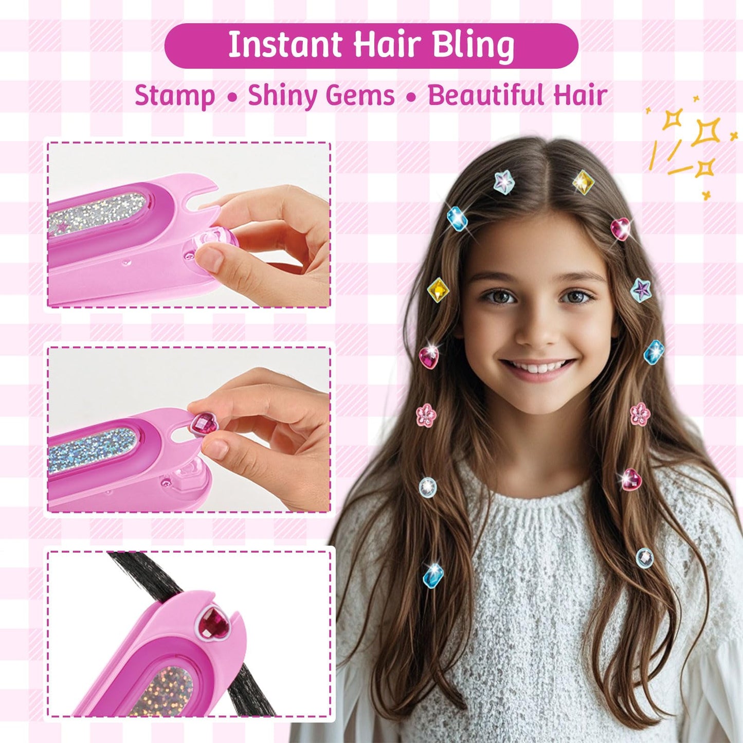 DIY Hair Salon Toys for Girls, Hair Gem Stamper Kit And Hair Rope Braider, Bling Hair Jewels Styling Tool with Glitter Diamonds Comb Beads Accessories Christmas Birthday Gifts for Girl 3 4 5 6 7 8-12