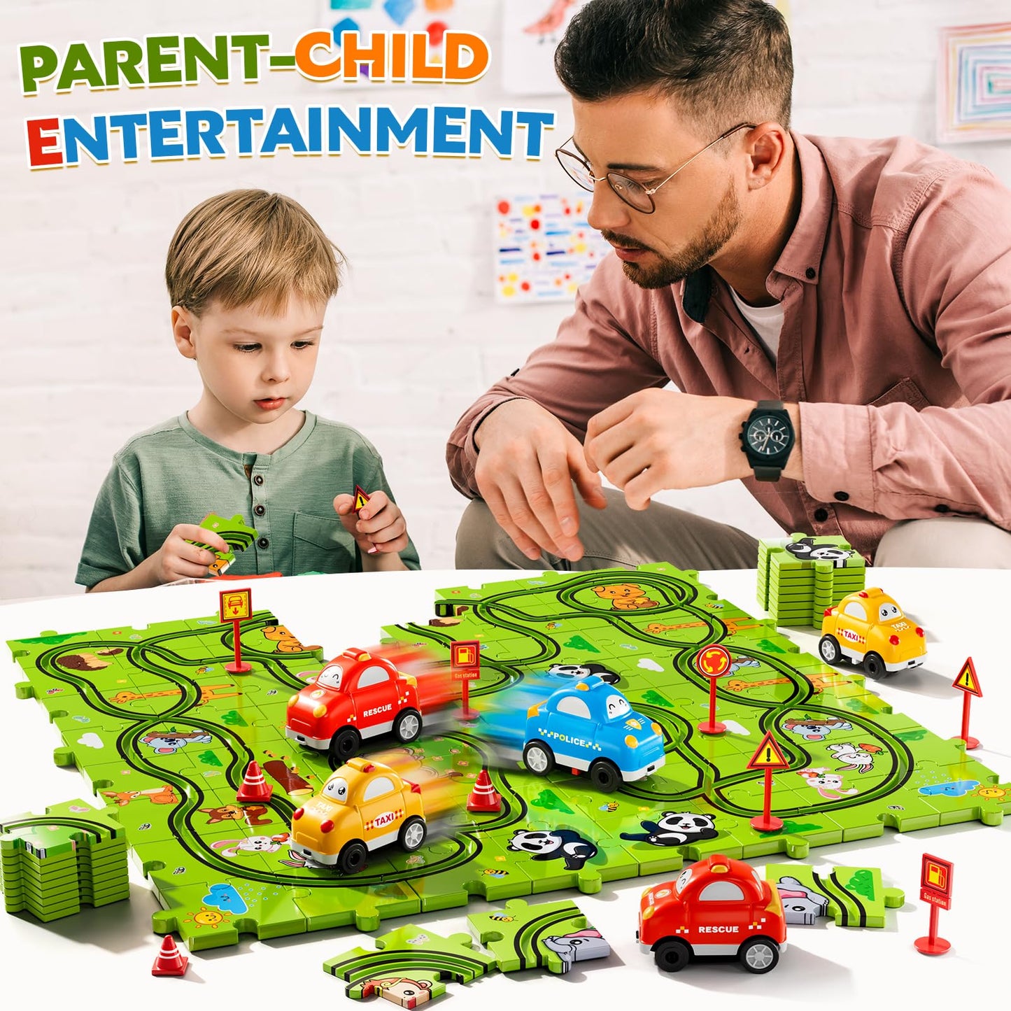 Beby Buty 64PCS Puzzle Race Track Car Set for Kids Boys, Floor Puzzle Tracks Car Toys for Boys Girls Ages 3-5 4-6, Toddler Toys Gifts for 3 4 5 Year Old, Ideal 3 4 5 6 Year Old Birthday Gifts