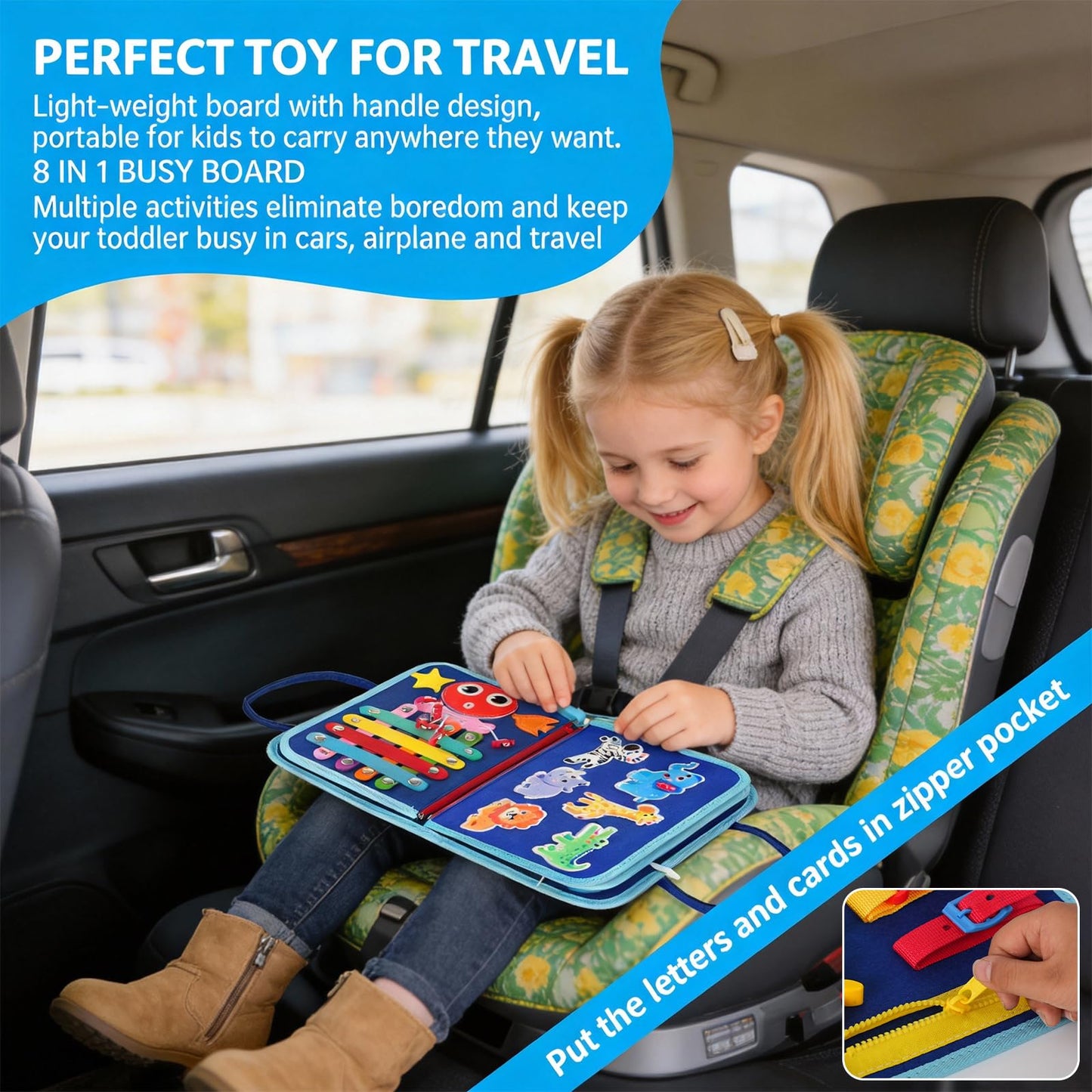 GiggleCraft Montessori Busy Board for Toddlers – Sensory Busy Book with Buckles, Zippers, Letters, Animals, Toddler Activities – Fine Motor Skills Development Learning for Boys Girls Travel Activity
