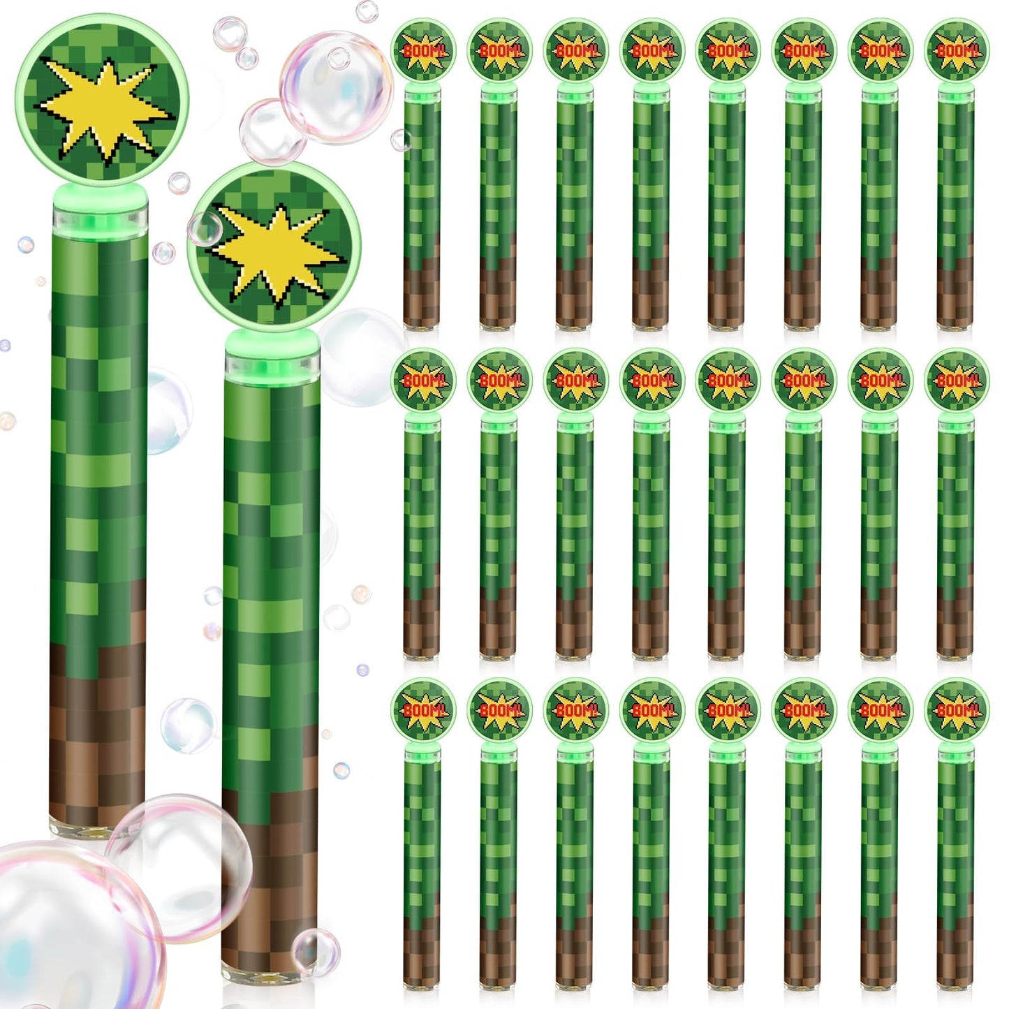 24 Pack Pixel Bubble Wands Bulk for Kids - Themed Birthday Party Favor with Green & Brown Pixel Mini Bubbles, Goodie Bag Stuffers, Classroom Prizes, Summer Outdoor Toys, Graduation Party Favors