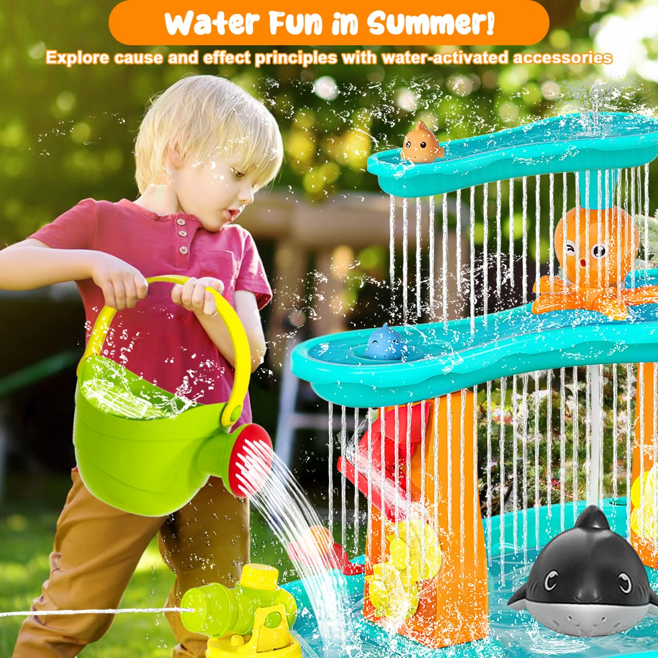 Handwell Toddler Water Table, Auto Water-Absorbing 3-Tier Kids Water and Sand Activity Table with Umbrella & 20PCS Water Toy Accessories, Outdoor Water Play Toys Sensory Playset Summer Gift for Age 3+
