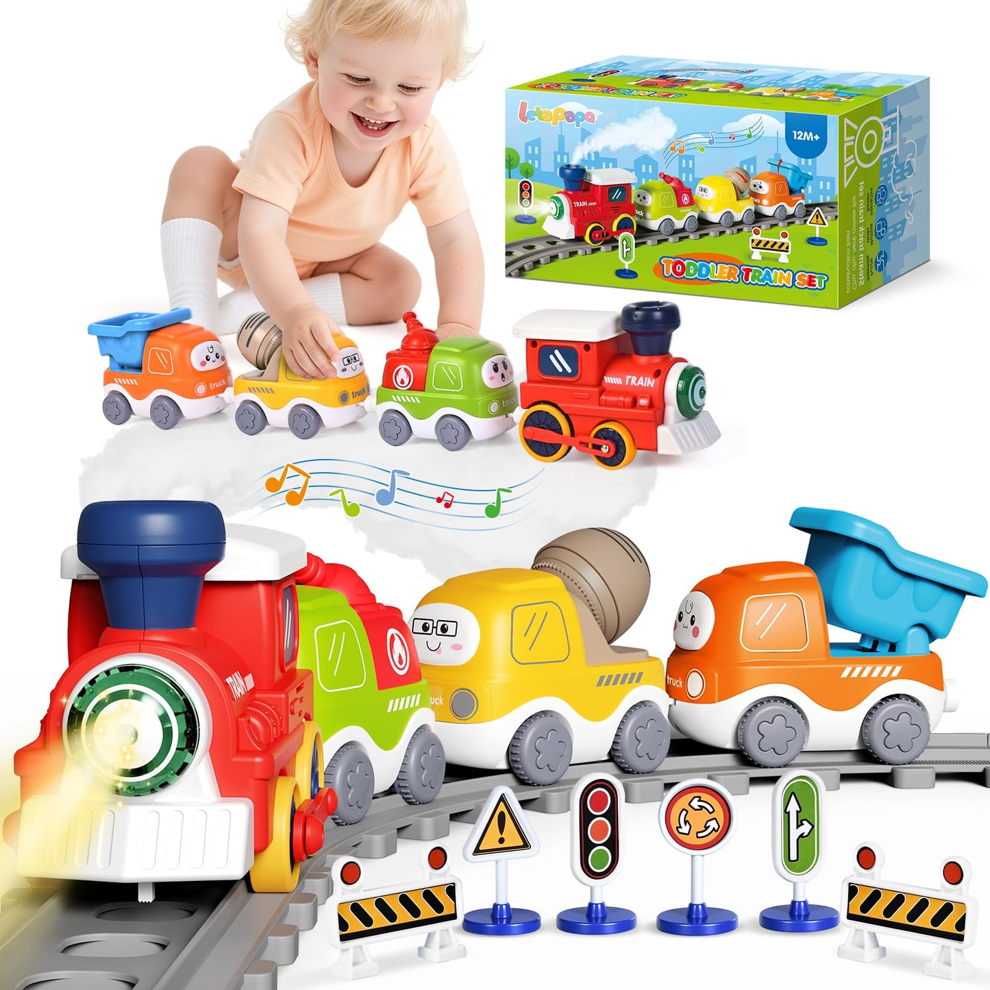 Train Set for Toddlers w/Steam, Sound & Lights, Toddler Toys for Age 2-4, Electric Train Set with Tracks Road Signs, Magnetic Train Toys Christmas Birthday Gifts for 2 3 4 5 Year Old Boys & Girls
