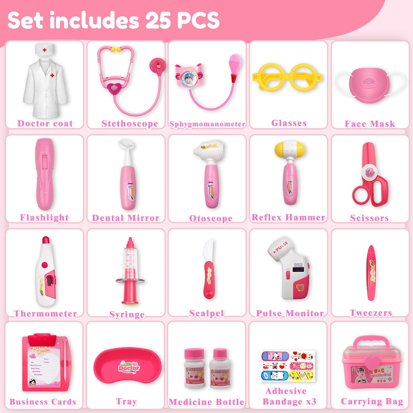 LPFG 24Pcs Doctor Kit for Toddlers 3-5, Kids Doctor Pretend Play Set with Costume, Stethoscope, Funny Doctors Kit Toys Christmas Birthday Gift for Girls Ages 3 4 5 Year Old, Pink