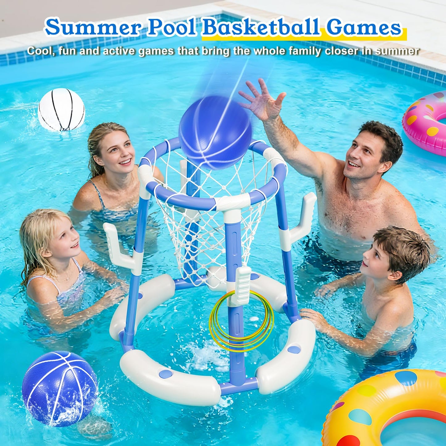 Pool Basketball Hoop&Ring Toss Game 2-in-1 Floating Pool Toy with 4 Balls 8 Rings&Pump,Outdoor Swimming Basketball Party Games Water Play Toy Anti-Tip Stable Base Summer Gift for Kid 4-8 8-12& Adult