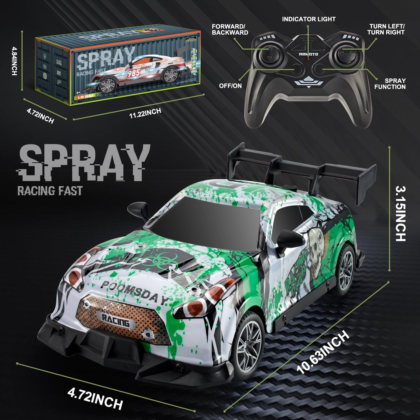 JOYBLI Remote Control Racing Car, Green Camo Design, RC Drift Car with Spray Function, Indoor & Off-Road Compatible