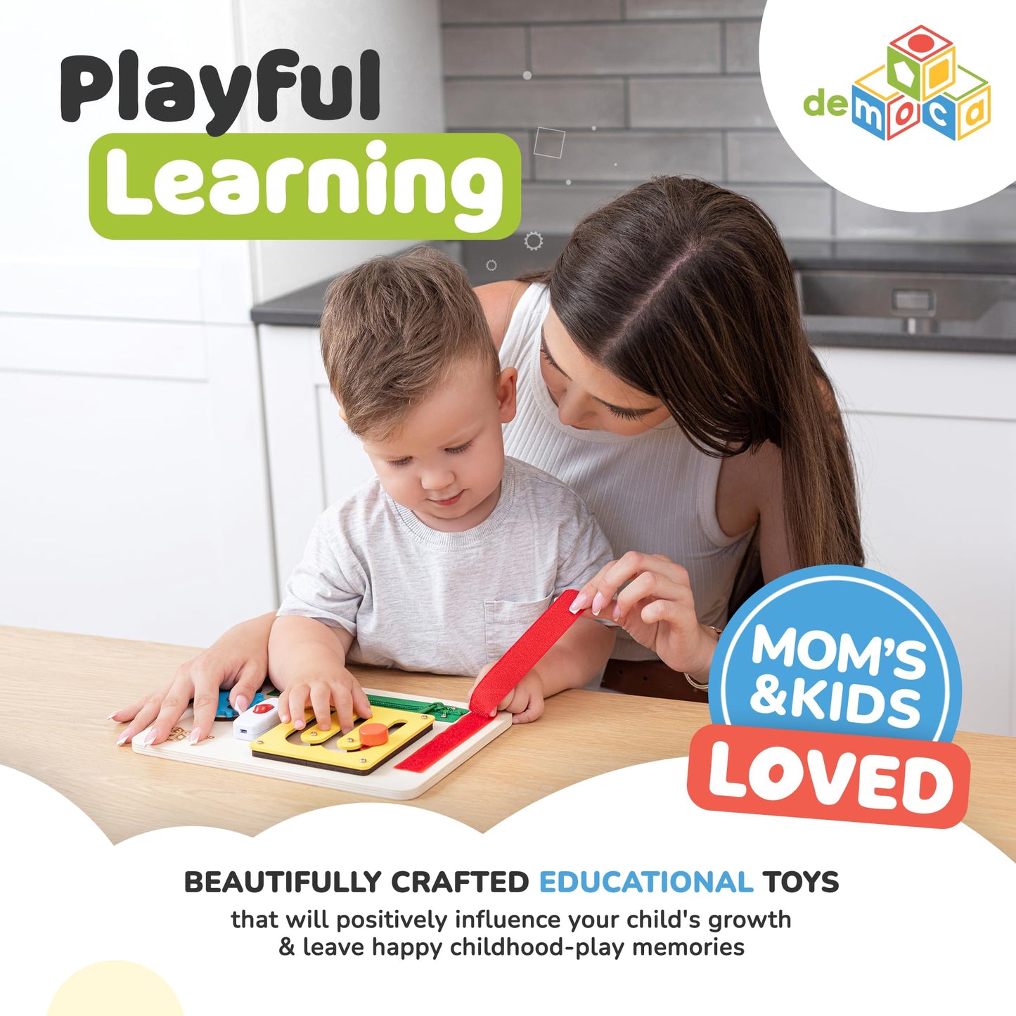 deMoca Sensory Busy Board for 1 Year Old, Travel Wooden Montessori Busy Board for Toddlers 1–3, Switch and Fidget Activity Board for Early Motor Skills and Travel Play