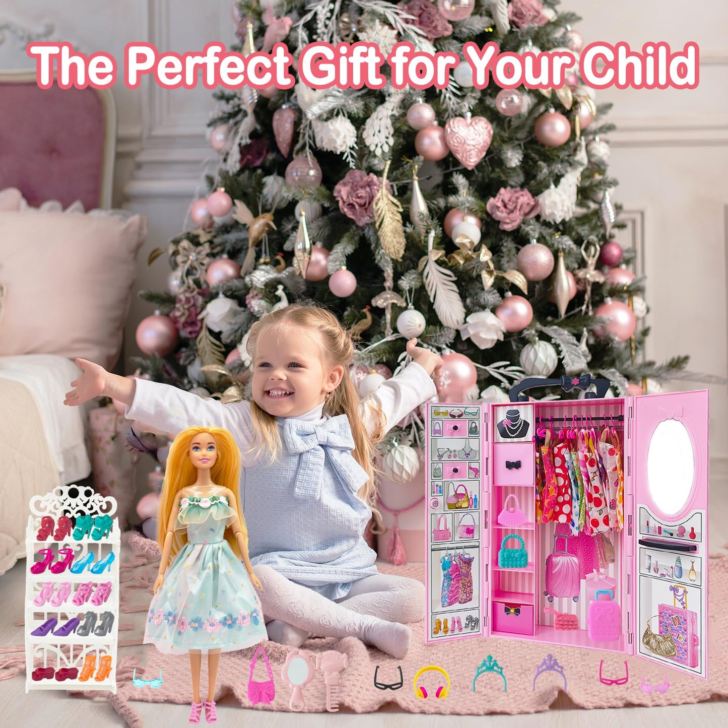 122 Pcs Doll Closet Playset with 11.5 Inch Dolls, Clothes and Accessories, Include Wardrobe Princess Dresses Shoes Bags Hangers Other Accessories, Dress Up Toys for Girls, Kids, Toddlers (Pink)
