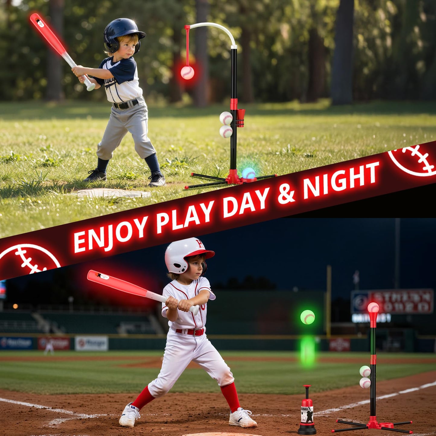 Wee Wonders 3-in-1 LED T Ball Set for Kids, Adjustable Height, Hanging Tee Ball Set with Baseball Launcher/4 Softballs/Light Up Bat, TBall Stand Sport Toys, Baseball Gifts for Boys Girls Age 3-5