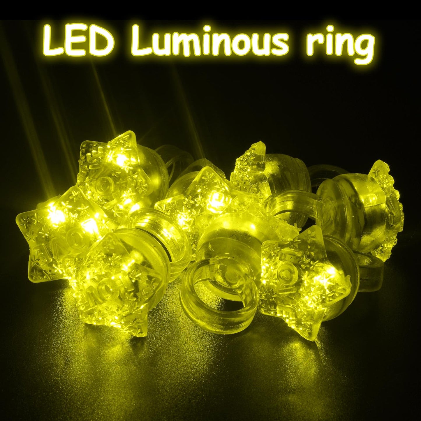 NUDALA 24 Pack Yellow Light Up Star Rings Glow in the Dark Party Flashing LED Jelly Finger Rings for July 4th,Halloween,Christmas,Concert,Goodie Bag Fillers,Raves