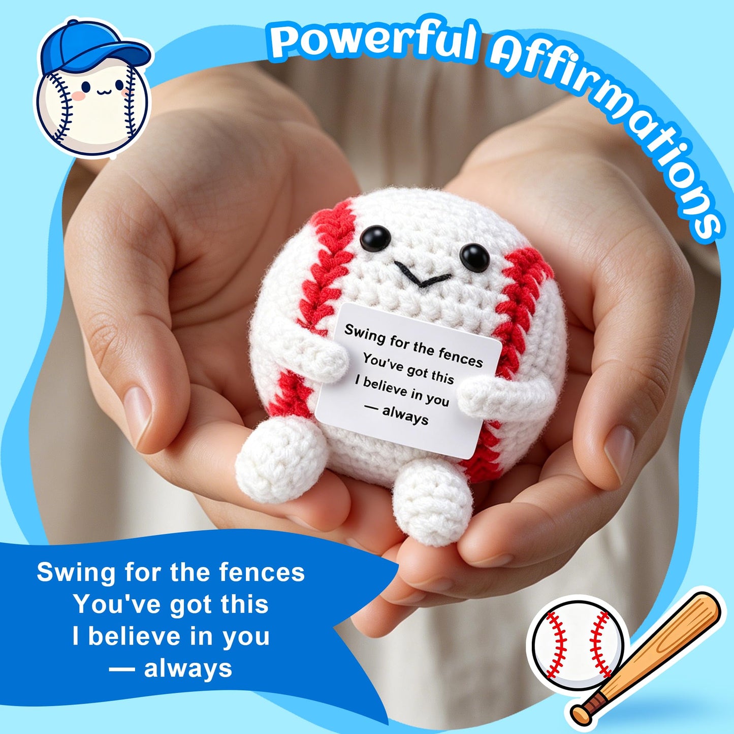 OkiyiD Mini Funny Positive Gifts Baseball, Knitted Wool Baseball Crochet Toy with Positive Card, Creative Cute Emotional Support Cheer Up Keepsake Gift for Kids Boys Men College Temmate