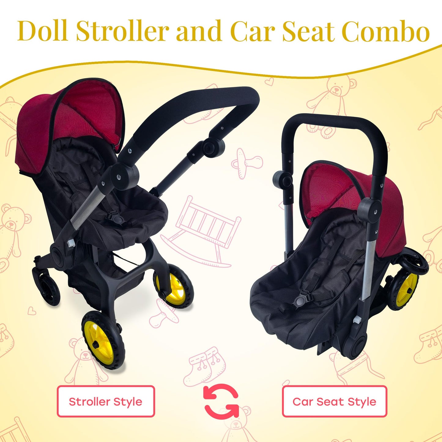 Baby Doll Car Seat Stroller Combo – Convertible 2 in 1 Doll Stroller and Car Seat for Kids – Fits Up to 20” Dolls – Play Toy Baby Stroller with Adjustable Handle for Girls Toddlers All Ages (Maroon)