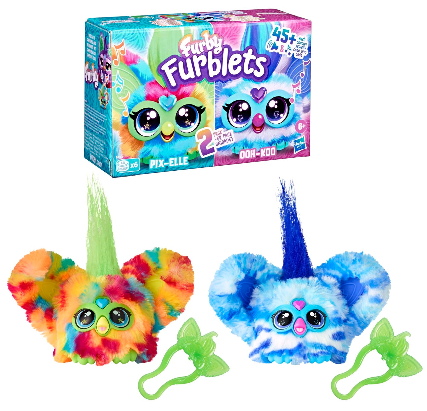 Furby Furblets 2-Pack, Mini Friends Pix-Elle & Ooh-Koo, 45+ Sounds Each, Music & Speaks Only Furbish, Electronic Plush Toys, Multicolor & Blue/White, Easter Basket Stuffers, Ages 6+ (Amazon Exclusive)