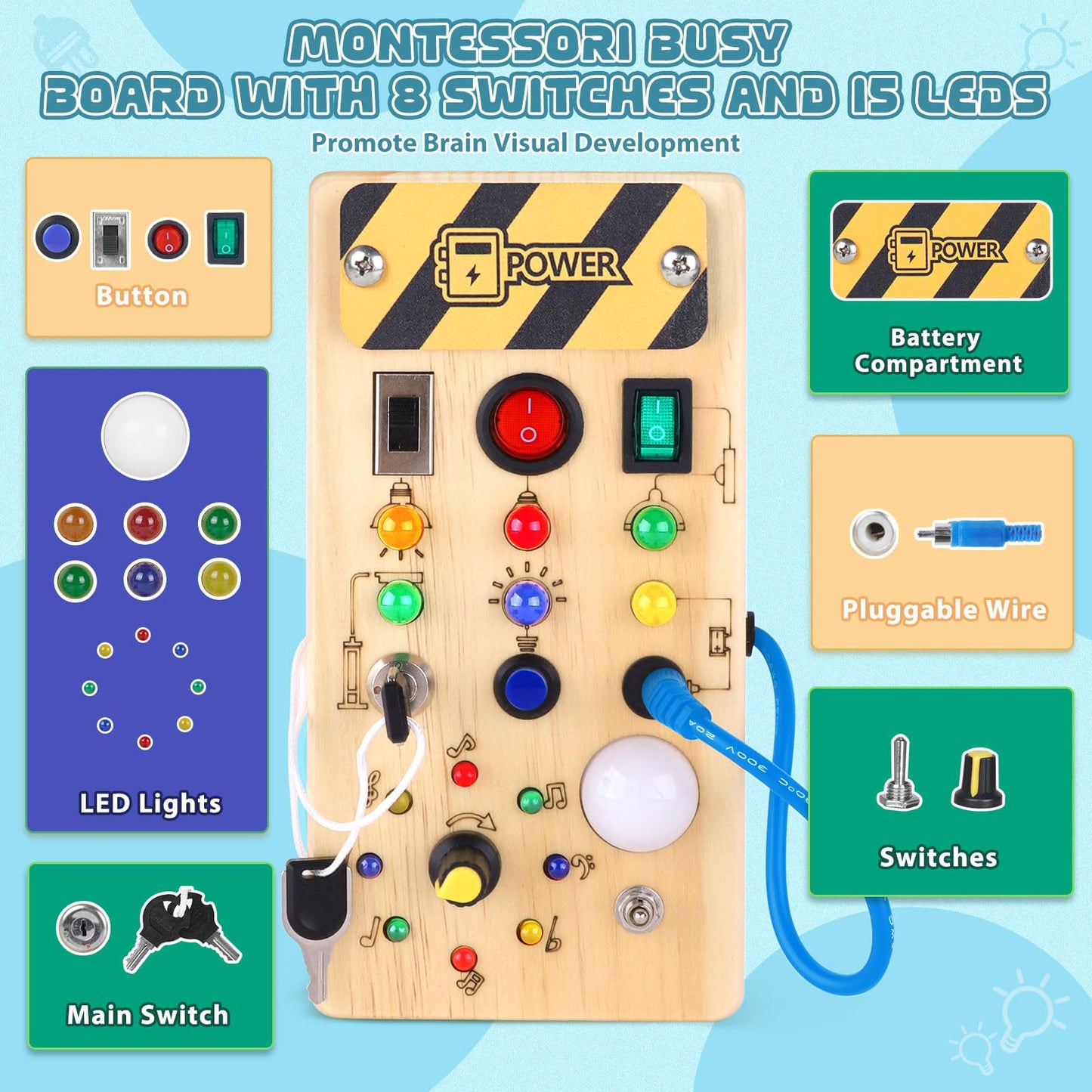 Konijiwa Busy Board Montessori Toys for 1 Year Old Kids Activity Board with 8 LED Light Switch Toy Sensory Learning Wooden Toy Suitable for 1 2 3 4 Year Old Boys and Girls