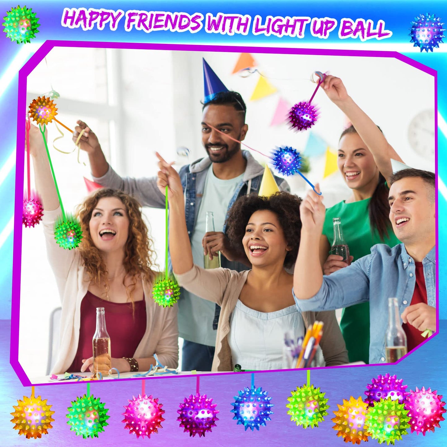 Leitee 36 Pieces Bouncy Balls Party Favor for Kid Light up LED Ball Bulk Glow in The Dark LED Flashing Light Spiky Toy on Rope Sensory Stress Relief Fidget Toy Rubber for Teen Adult Student
