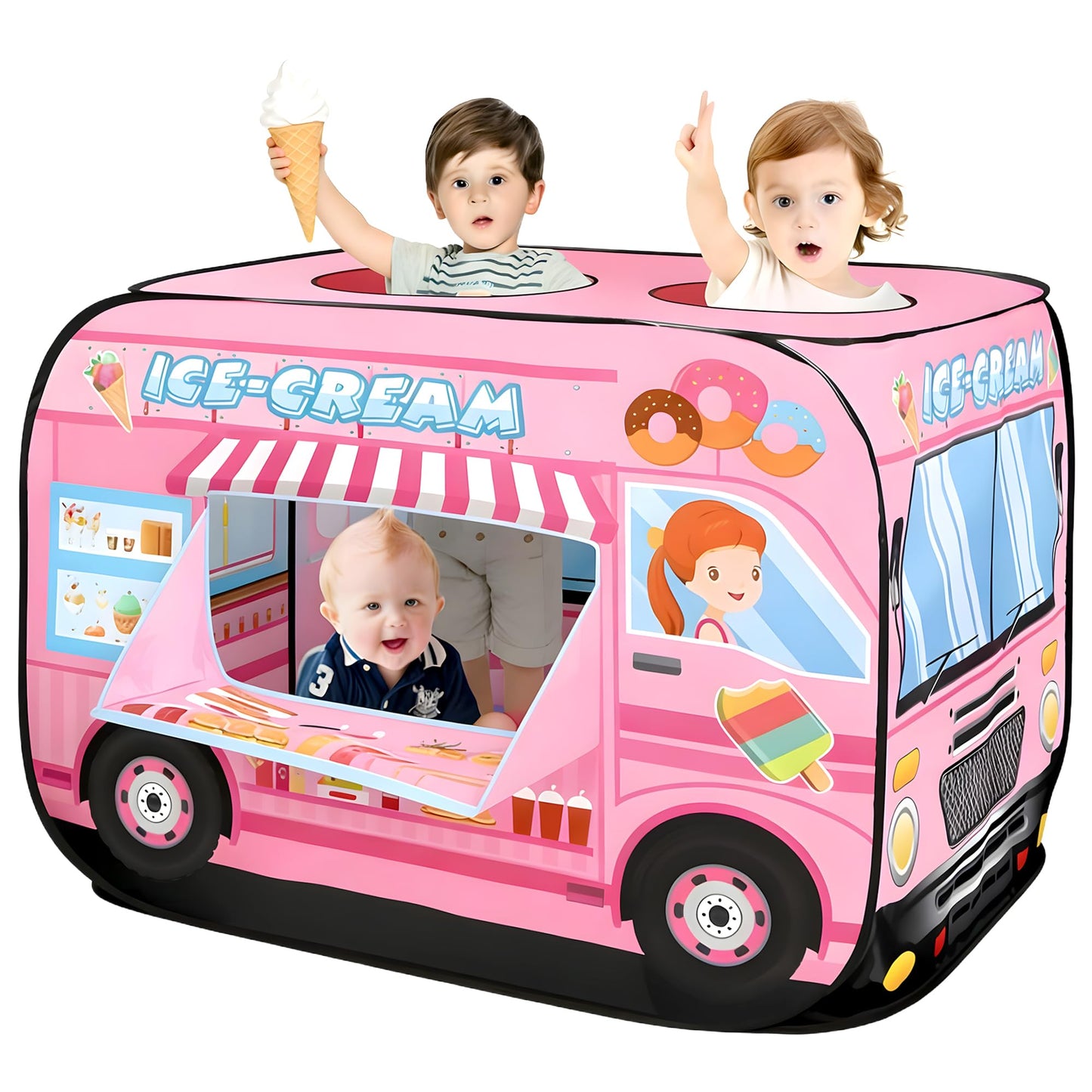 DOOLMIN Pop Up Play Tent for Kids - Foldable Indoor & Outdoor Playhouse Vehicle Toys for Toddlers, Boys and Girls - 2 Openings, Flat-Folding for Compact Storage(Ice Cream Car,Pink)