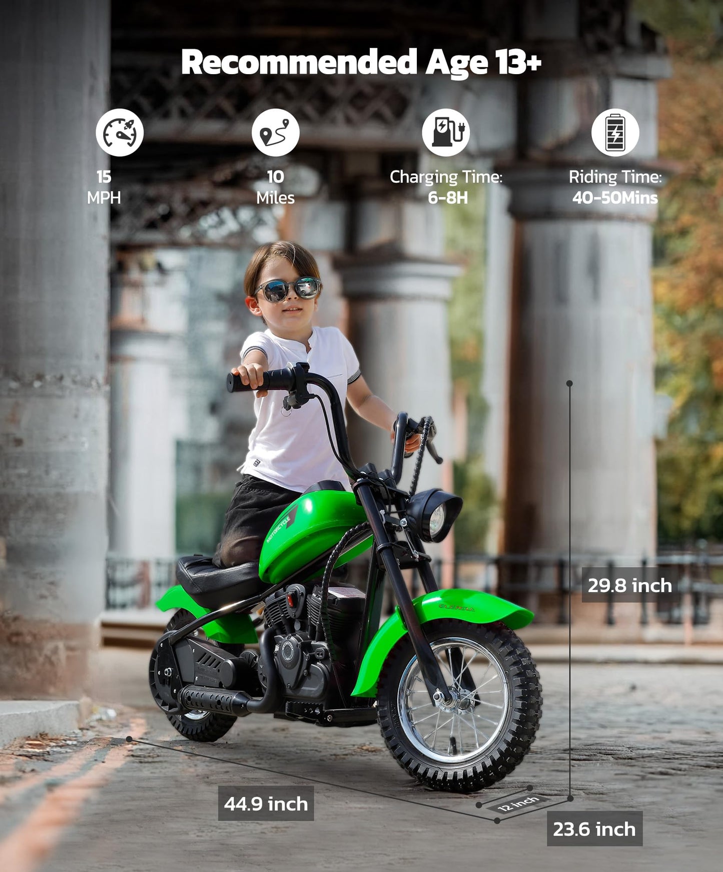 ELEMARA Electric Dirt Bike, 15 mph & 150lb Max, 24V Ride on Toy for Big Kids w/LED Lights & Power Display,Chain-Driven Motor,Twist-Grip Throttle, Shock Springs,Handbrake,12" Air-Filled Tires-Green