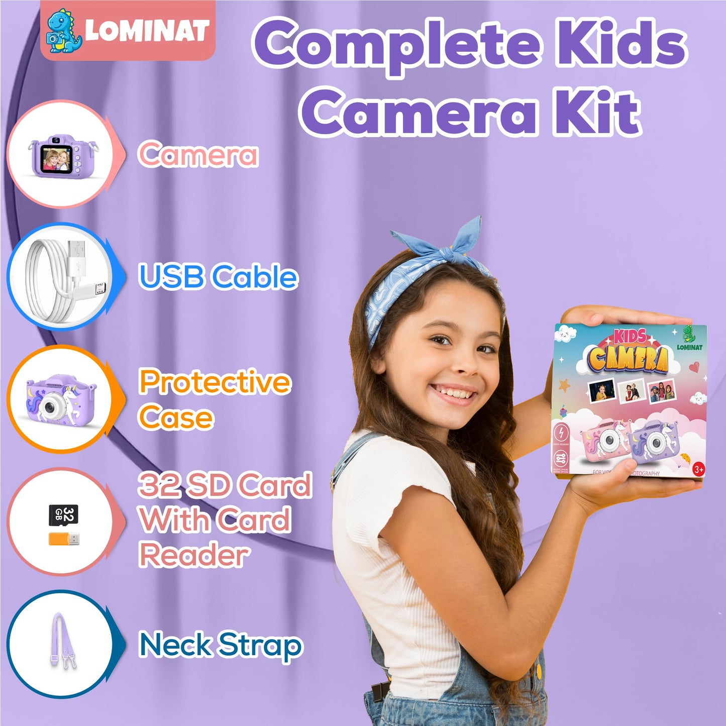 Unicorn Kids Camera for Girls Age 3-12, Selfie Camera for Girls 1080P HD Kids Video Camera – Christmas Birthday Toy for 3 4 5 6 7 8 Year Old Digital Camera for Toddlers with 32GB SD Card – Purple