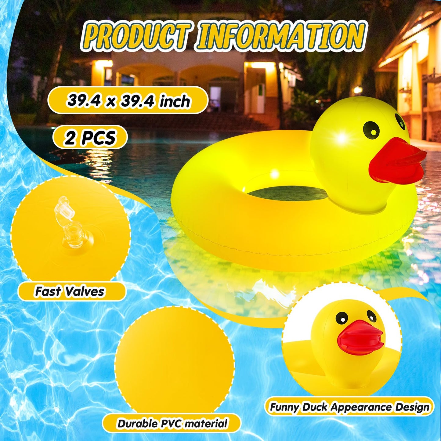 Hungdao 2 Pcs Light up Funny Duck Pool Floats Glow Large Rubber Ducks Floatie Tube Inflatable Duck Swimming Ring for Summer Beach Swimming Pool Carnival Birthday Party Supplies(Classic)
