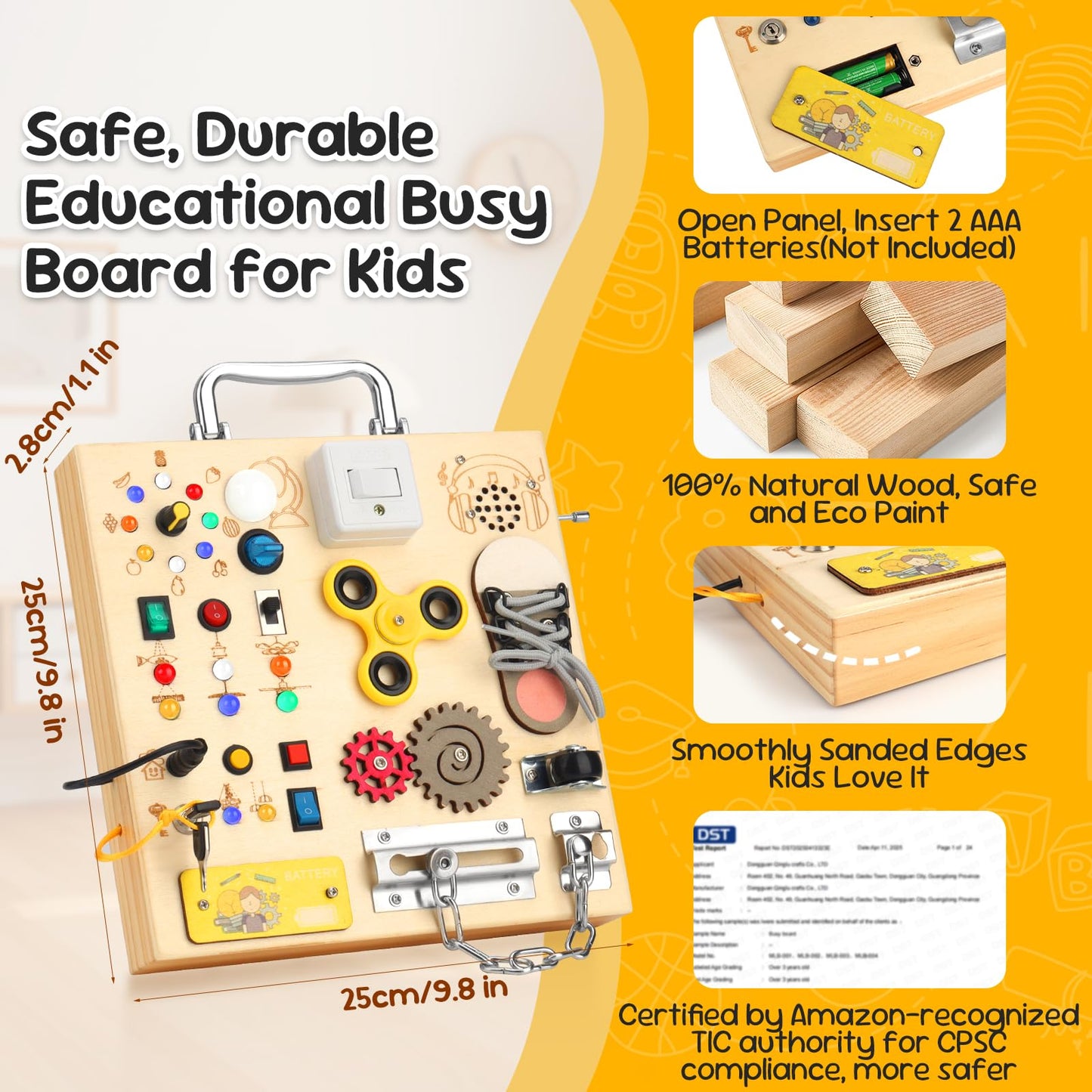 Wooden Busy Board with LED Light Montessori Baby Learning Toys for Toddlers , Sensory Activity Board, Travel Educational Toys, Boy & Girl Birthday Gift (Silver Handle)