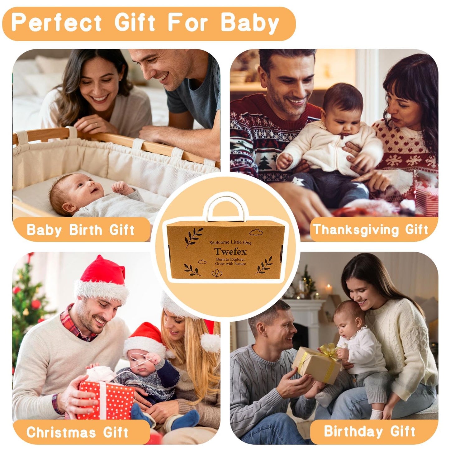 Twefex Wooden Montessori Learning Toy Set, Sensory and Thinking Play Set for Toddlers, 5-in-1 Bath Toys, Cloth Book, Hand and Foot Rattles, and Baby Sensory Toys Soft Hanging