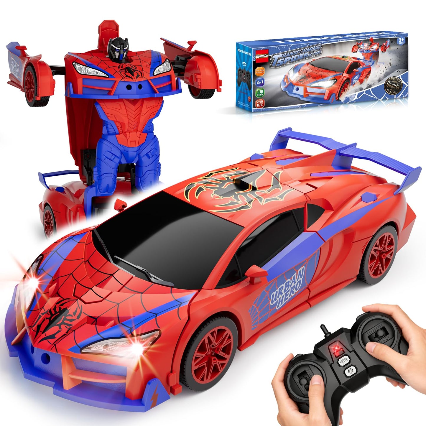Qumcou Spider Toys for Boys 4-6, Remote Control Car, One-Button Transform Superhero Toys, 2.4Ghz RC Cars, 360° Spin,1:16 Scale, Shinning Red and Blue Light, Birthday Gifts for Boys, Boy Toys Age 6-8
