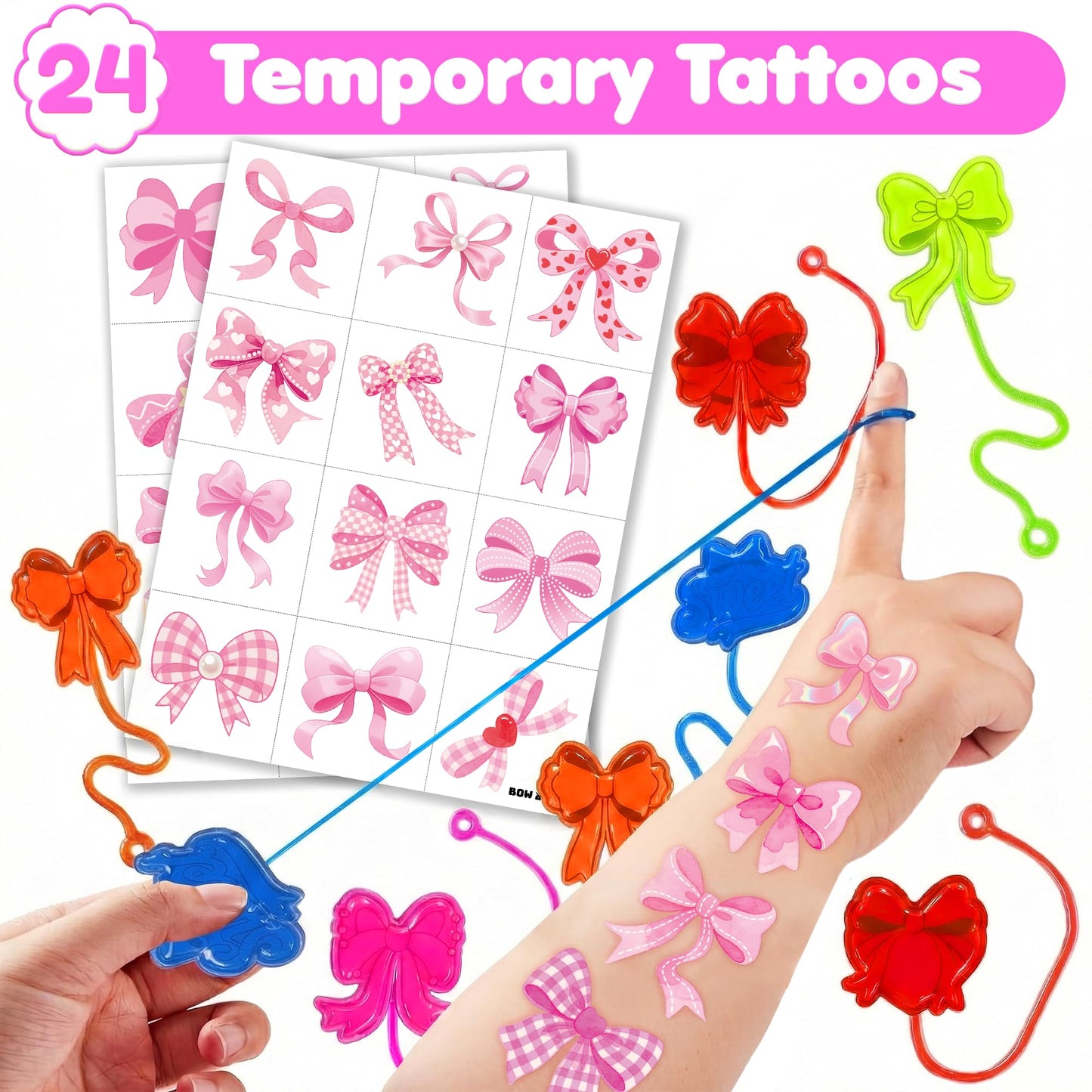 48PCS Bow Party Favors - 24PCS Temporary Tattoos & 24PCS Stick Hands Party - Perfect Birthday Party Supplies, Goodie Bag Stuffers, Treasure Box Toys, Classroom Prizes, and Student Gifts