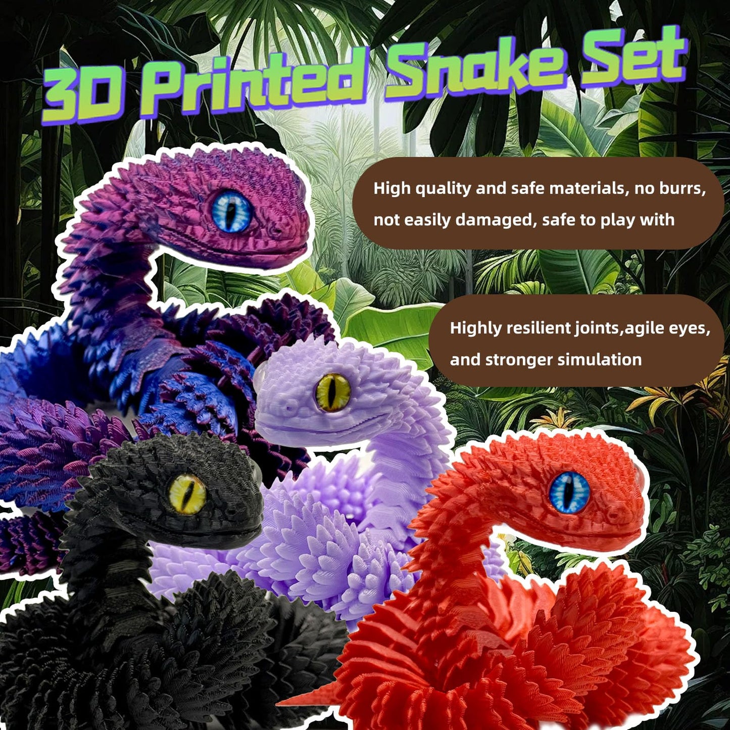 KAMOVNY 5PCS 18Inch 3D Printed Snake,Articulated Crystal Snakes Figures for Stress Relief, Creative Desk Decor Idea for Kids Adults(Combination 1)