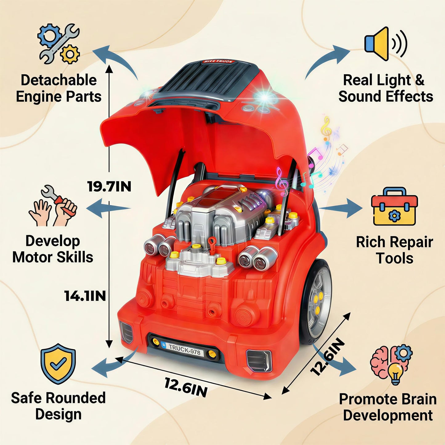 Interactive Truck Engine Toy with Removable Parts - Lights, Sounds, and Fun for Young Mechanics -Unleash their Creativity and Motor Skills with this Truck Engine Toy- Ideal Gift for 3-5-Year-Old Boys