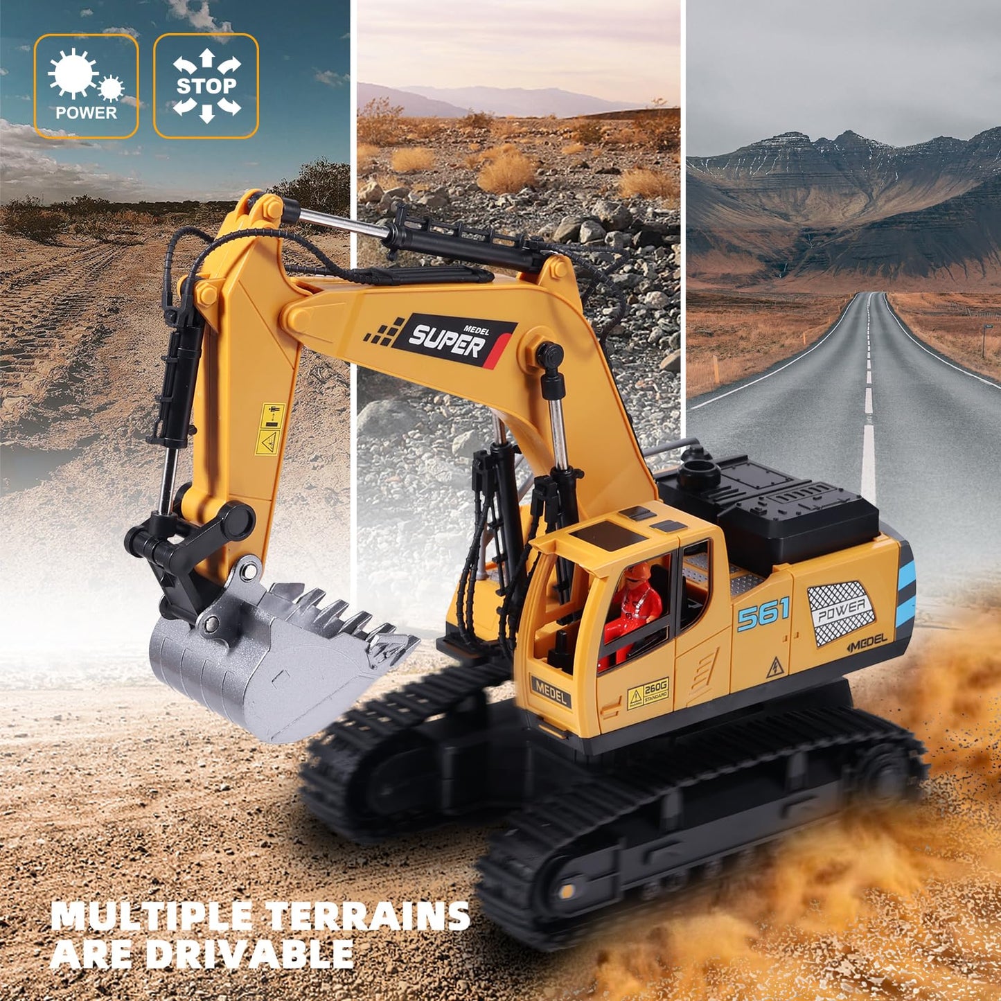 ViRockSign Remote Control Excavator Toys for Boys,16 Channel RC Excavator Construction Toys with Metal Shovel & Light,Simulated Smoke,Christmas Birthday Gift Toy for Boys 3-5 4-7 8-12 Year Old Kids
